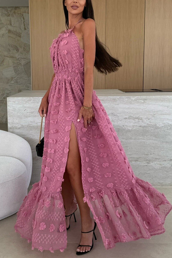 Elegant Floral Embroidery Elastic Waist Halter Backless Slit Maxi Dress for Women | Summer Beach Wedding Party Cocktail Dress | Perfect for Vacations, Date Nights & Special Occasions
