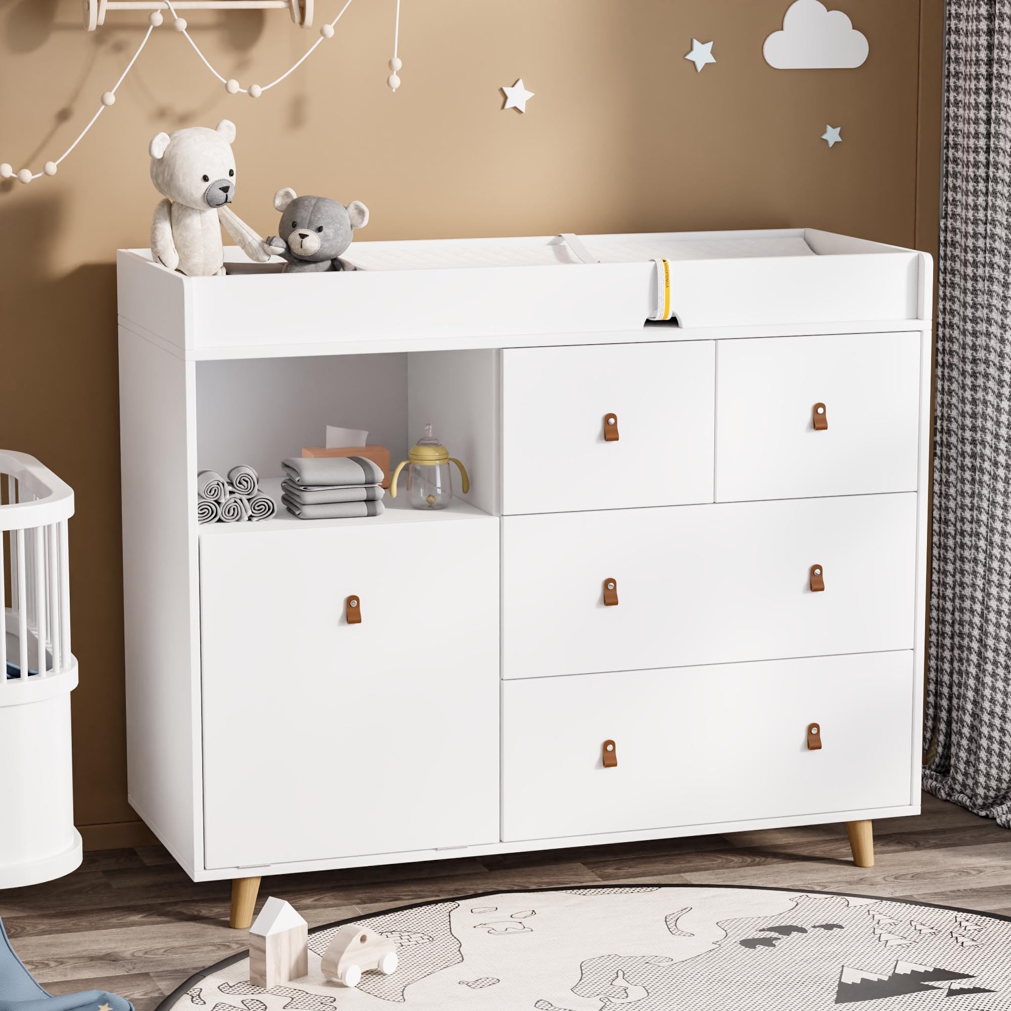 Baby Changing Table with Drawers & Hidden Trash Storage - 45 Inch Nursery Dresser, Infant Changing Station & Storage Chest - White - Perfect for Baby Nursery Organization & Diaper Changing Convenience