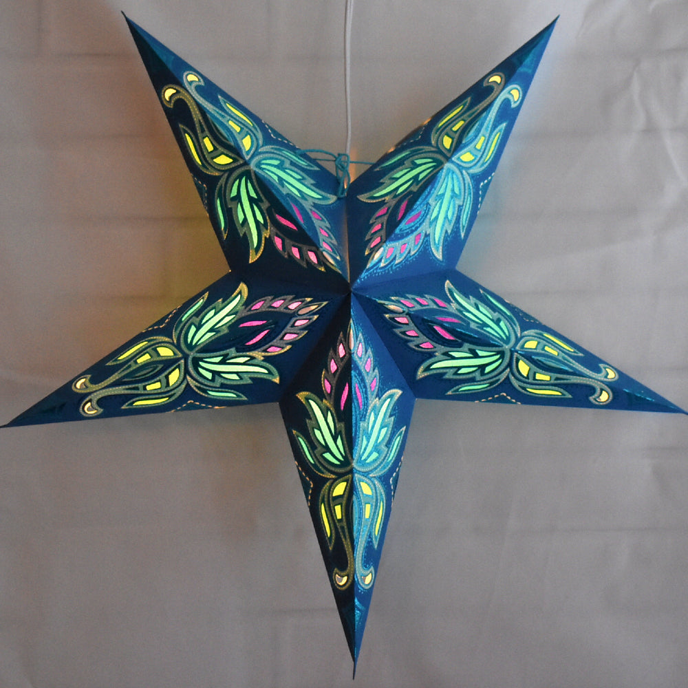 24 Blue & Turquoise Lotus Glitter Paper Star Lanterns - Hanging Decorative Lights for Parties, Weddings, Home Decor & Outdoor Events