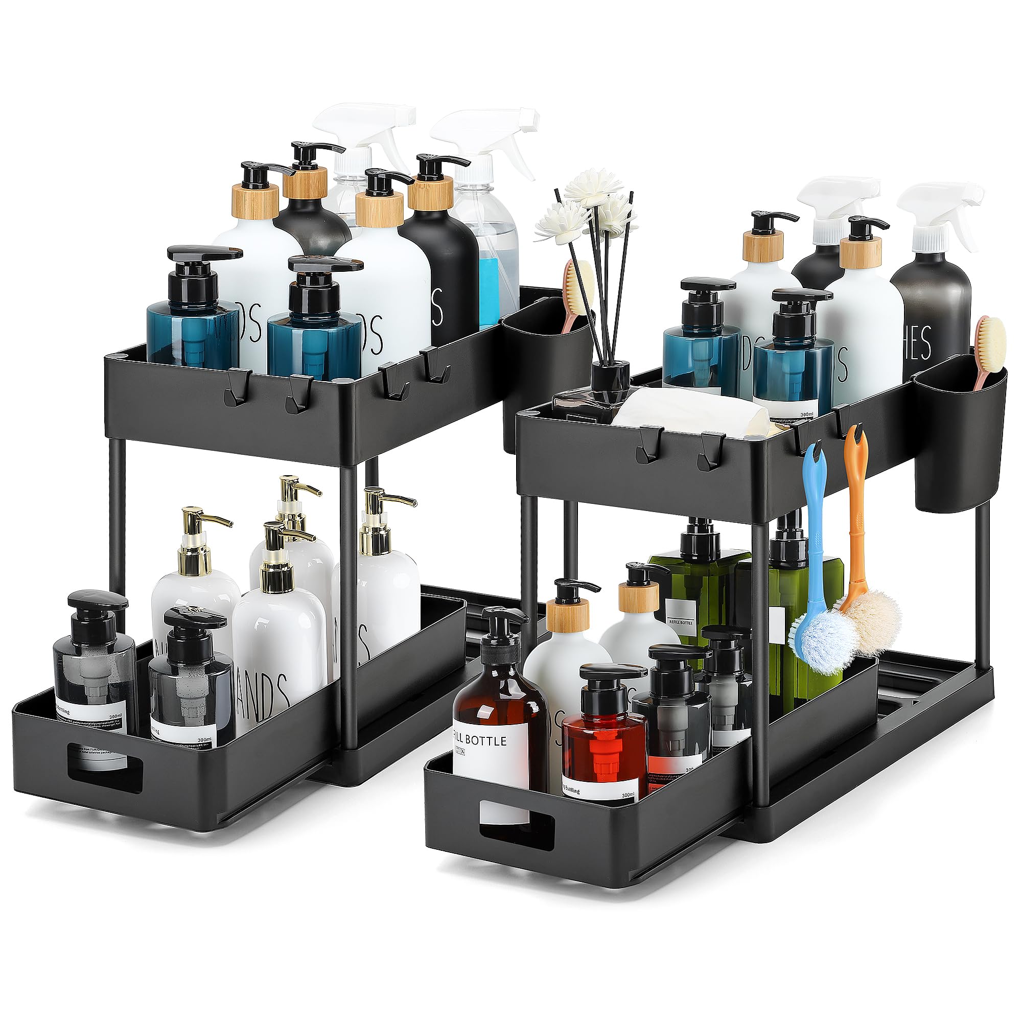 Ravinte 2-Pack Pull-Out Under Sink Organizer - 2-Tier Sliding Cabinet Storage for Bathroom & Kitchen - Includes Hooks & Hanging Cup - Matte Black - Perfect for Small Space Organization Under Sink