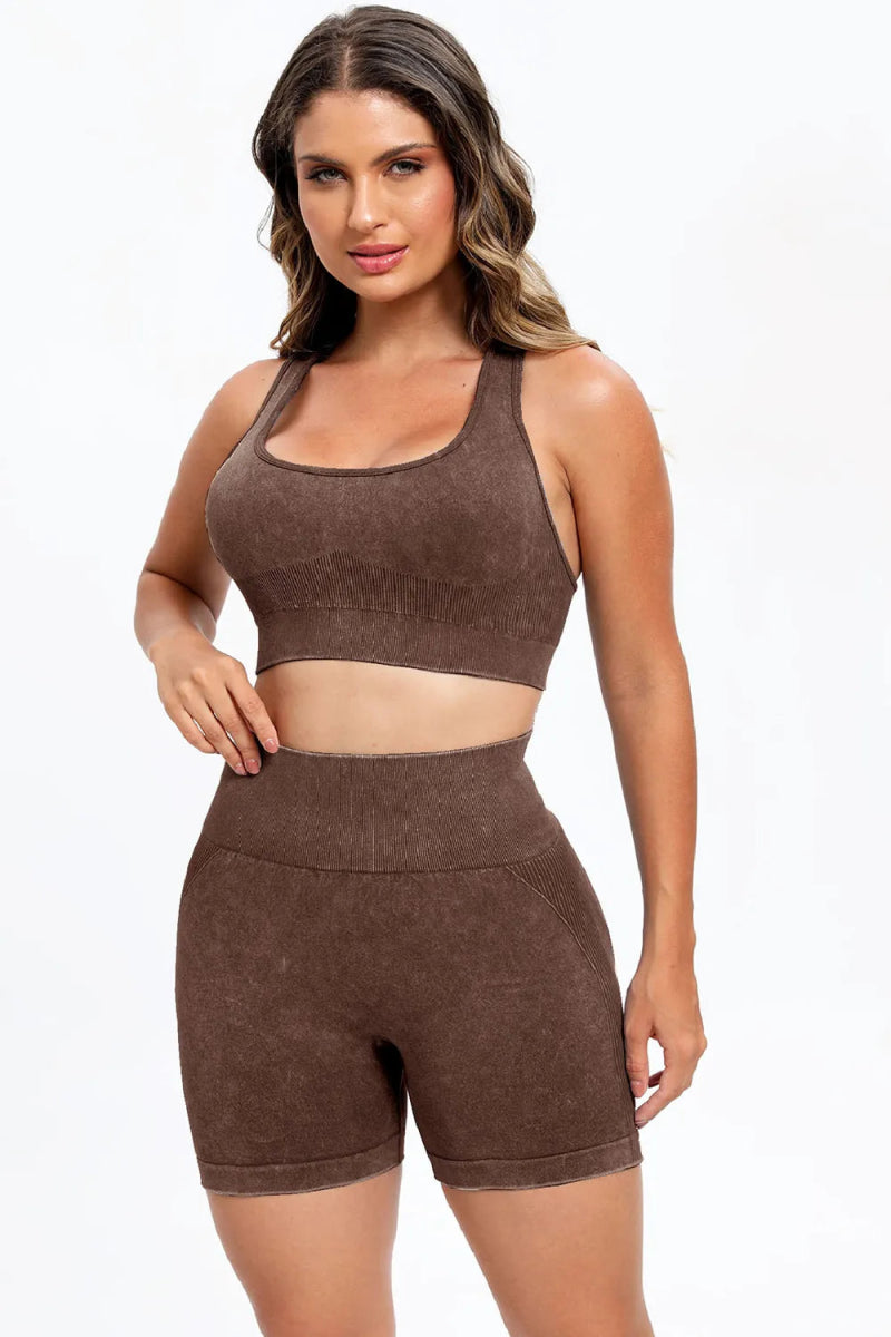 3 Piece Washed Square Neck Wide Strap Active Set for Women - Gym, Yoga & Lounge Wear - Comfortable Workout Outfit for Running & Pilates