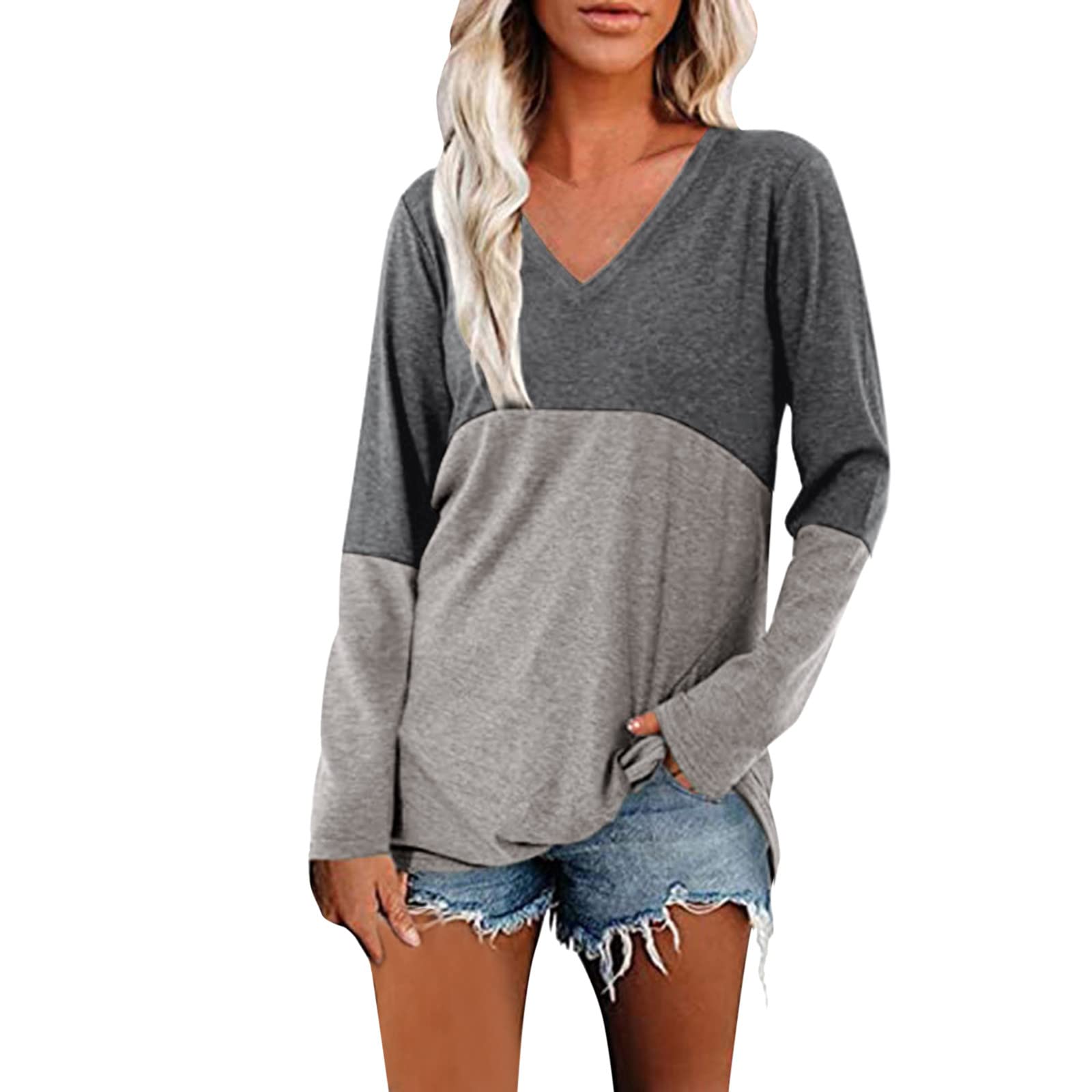 Women's Loose Fit Color Block Long Sleeve Tunic Top - V-Neck Dressy Blouse for Work & Office Wear | Casual Chic Tops for Women
