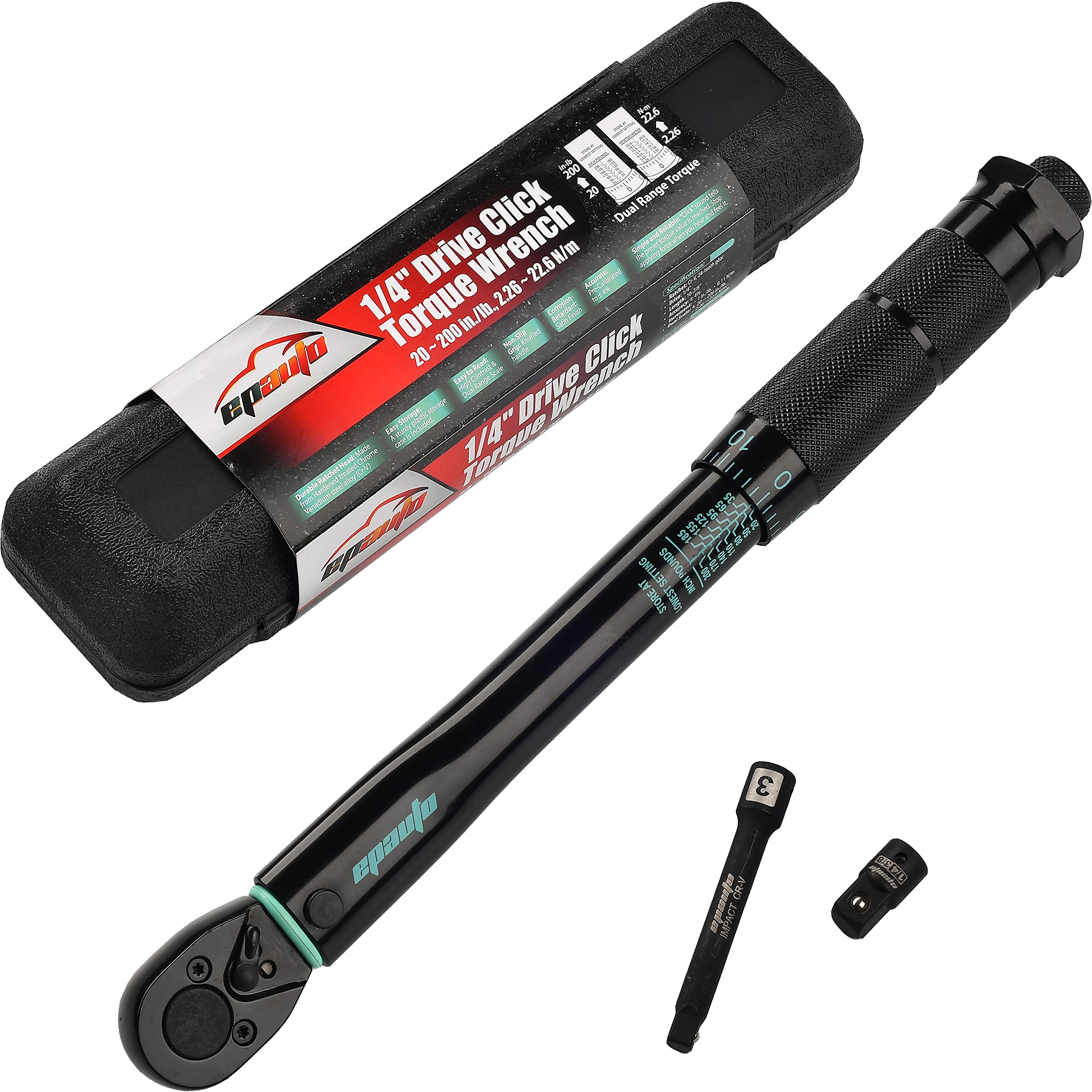 EPAuto 1/4-Inch Drive Click Torque Wrench (20-200 in.-lb) - Precision Tool for Automotive, Bicycle & Motorcycle Maintenance - Black Finish