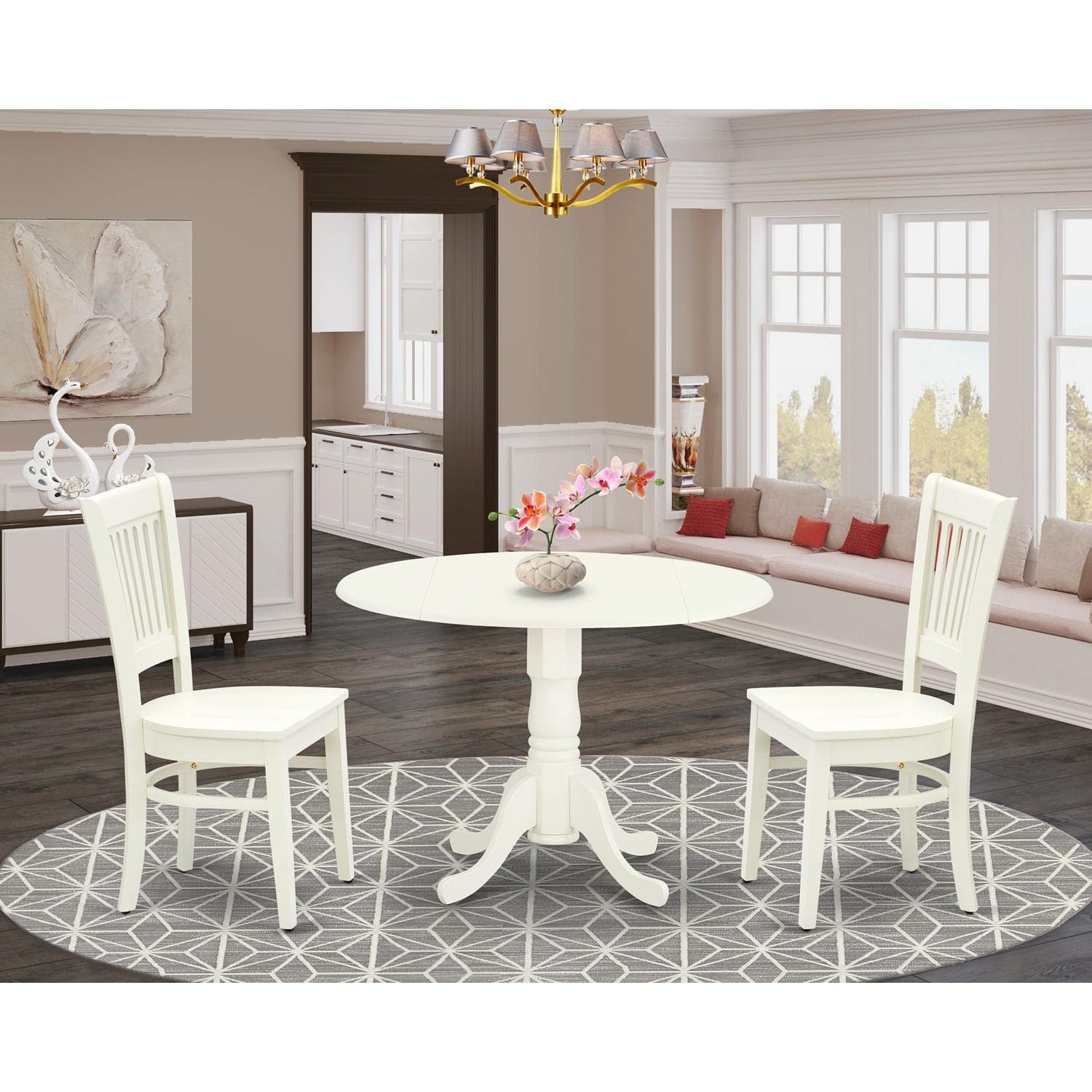 Modern 3-Piece Dining Table Set with Round Wooden Dropleaf Table & 2 Chairs - 42x42 Inch, Linen White - Perfect for Small Spaces, Breakfast Nooks & Cozy Apartments
