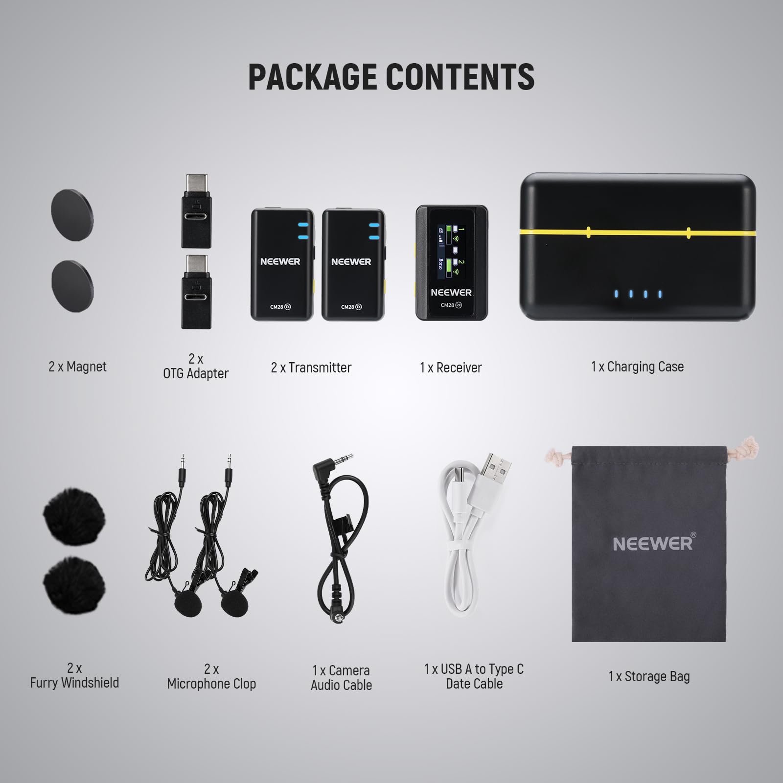 Neewer CM28 Wireless Lavalier Microphone System - Dual Mic Kit with Charging Case, Noise Canceling, 4GB Storage, 9H Battery - Compatible with iPhone, Android, PC, Camera, iPad - Perfect for Podcasting, Interviews, YouTube Videos & Live Streaming