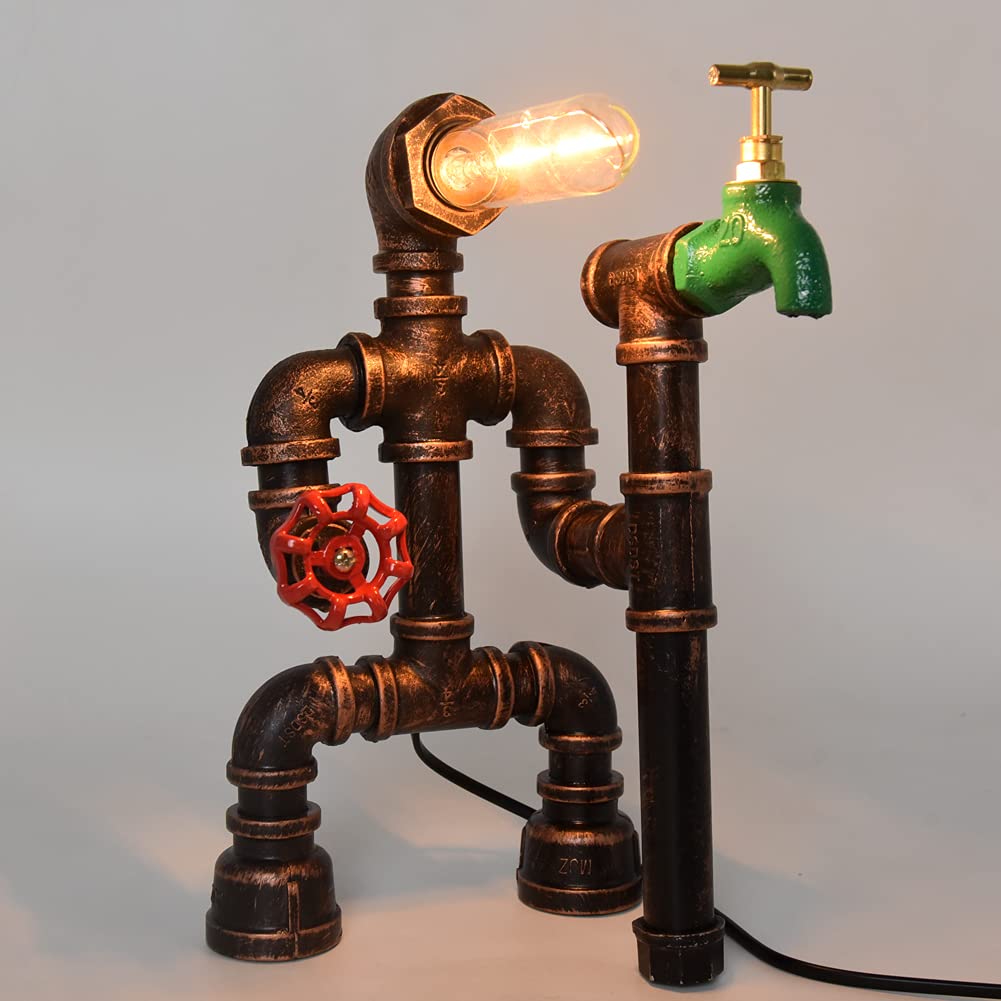 Vintage Industrial Steampunk Robot Table Lamp - Creative Iron Water Pipe Desk Lamp with Retro Metal Design - Perfect for Bedside, Office, or Study Room Lighting (Type B)