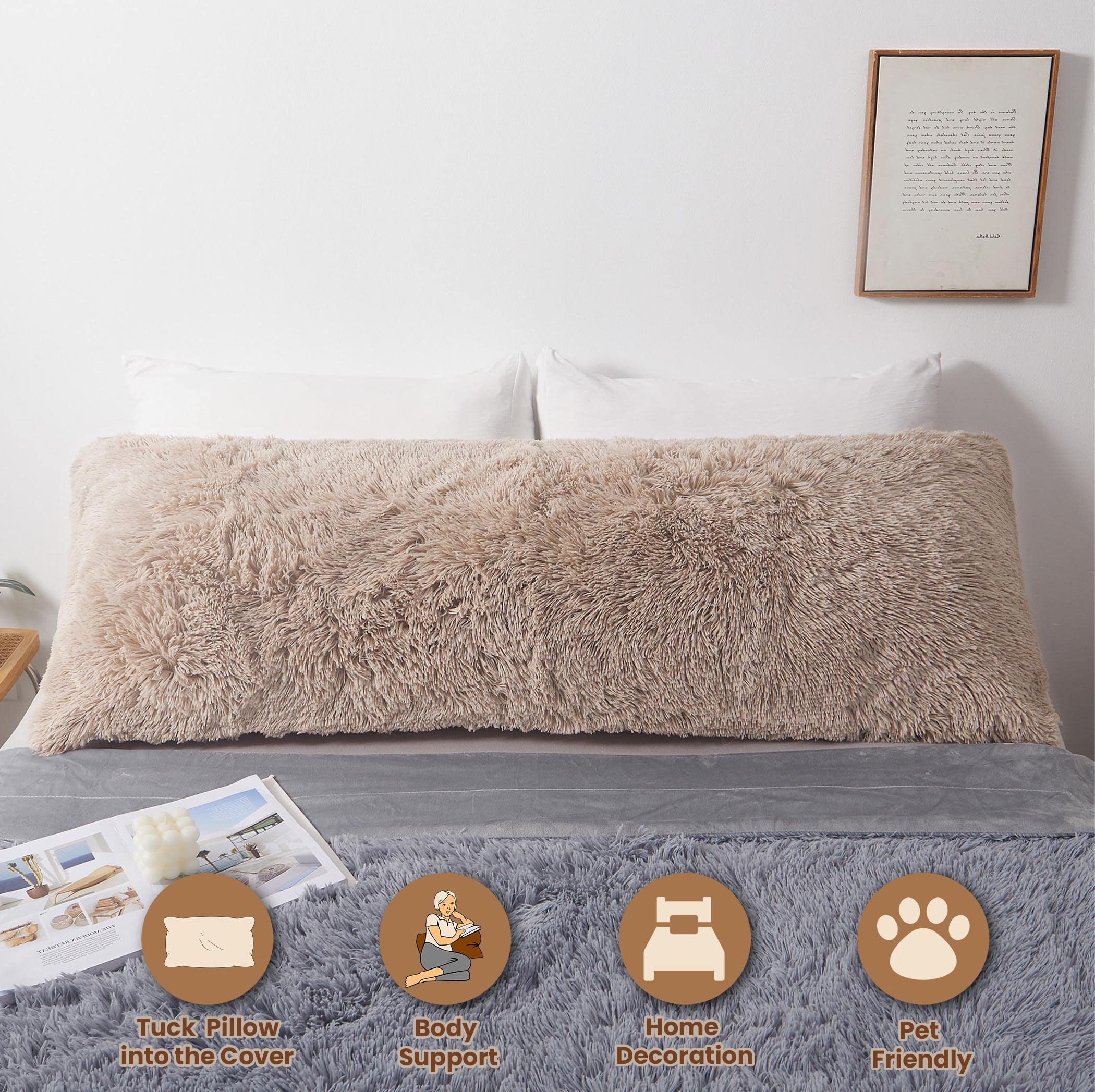 Fluffy Body Pillow Cover 20x54 Inches - Soft Shaggy Faux Fur Pillow Case with Zipper - Cozy Plush Bed Pillow Cover for Adults, Pregnant Women & Side Sleepers - Perfect for Home Decor, Nursery, Bedroom & Relaxation (Khaki)