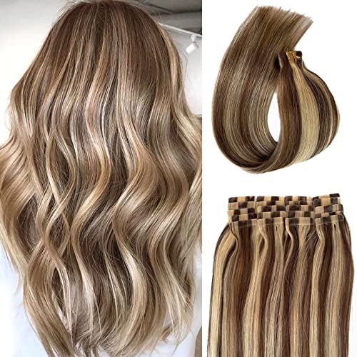 20in 50g Double Sided Tape-in Human Hair Extensions - Remy Blonde Highlighted & Brown to Bleach Blonde - Natural Glue-in Hair Extensions for Women | Perfect for Daily Styling, Parties & Special Occasions