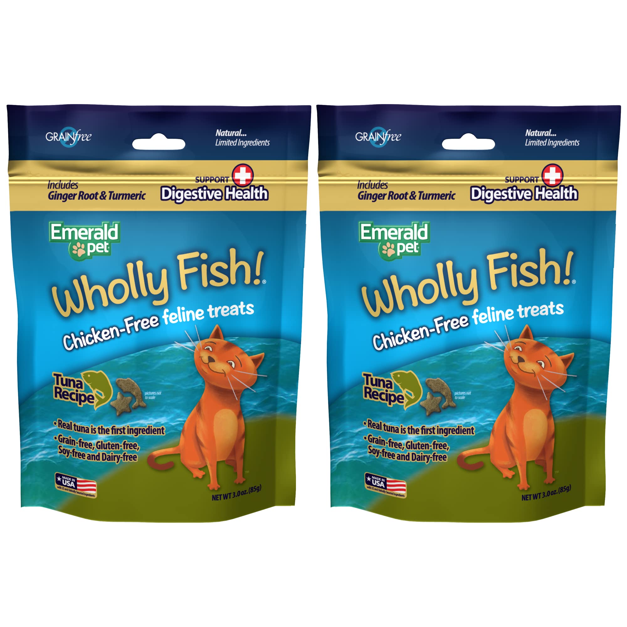 Emerald Pet Wholly Fish! Natural Cat Treats - Grain Free, Chicken Free & Poultry Free Crunchy Cat Snacks with Real Salmon or Tuna - USA Made 3oz - Perfect for Training Rewards & Daily Treats