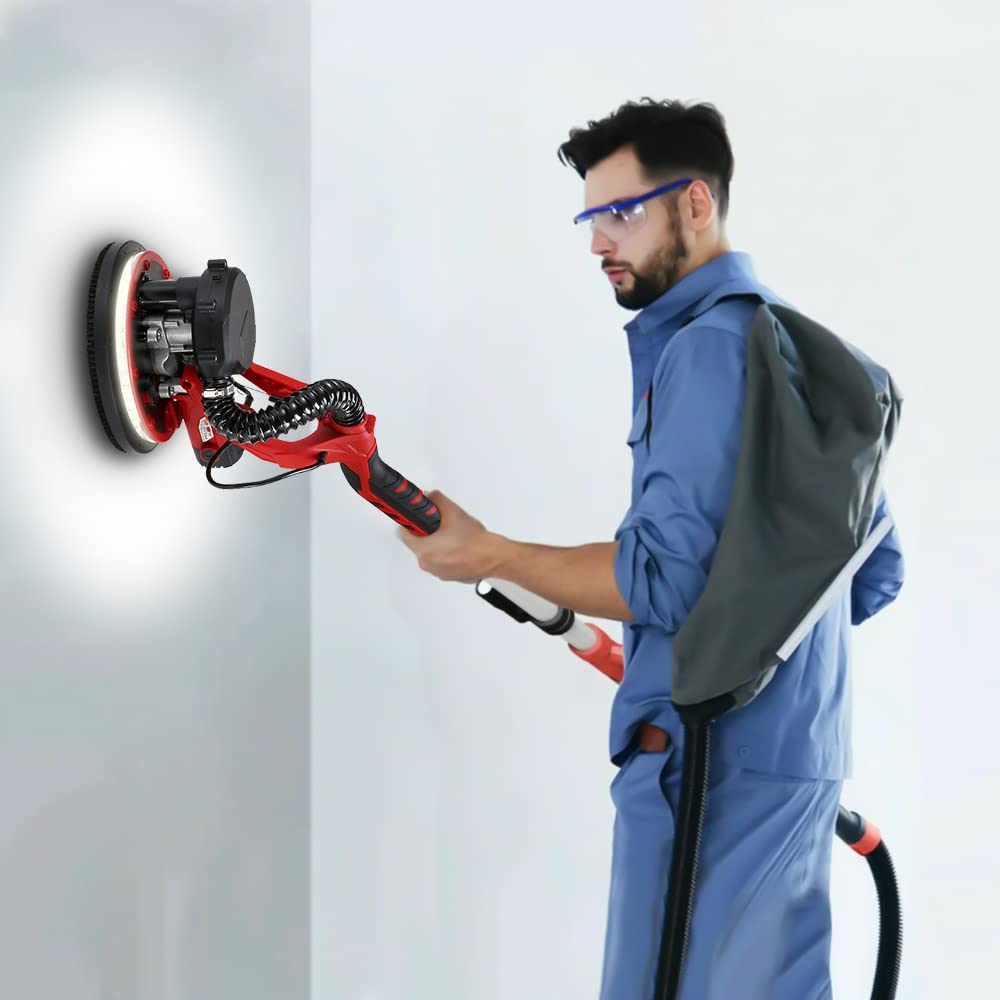 1250W Electric Drywall Sander with Dust-Free Vacuum System - 5 Variable Speed, Double-Deck LED Lights, Includes 12 Sanding Discs - Perfect for Home Renovation, Wall Repair & Professional Construction Projects