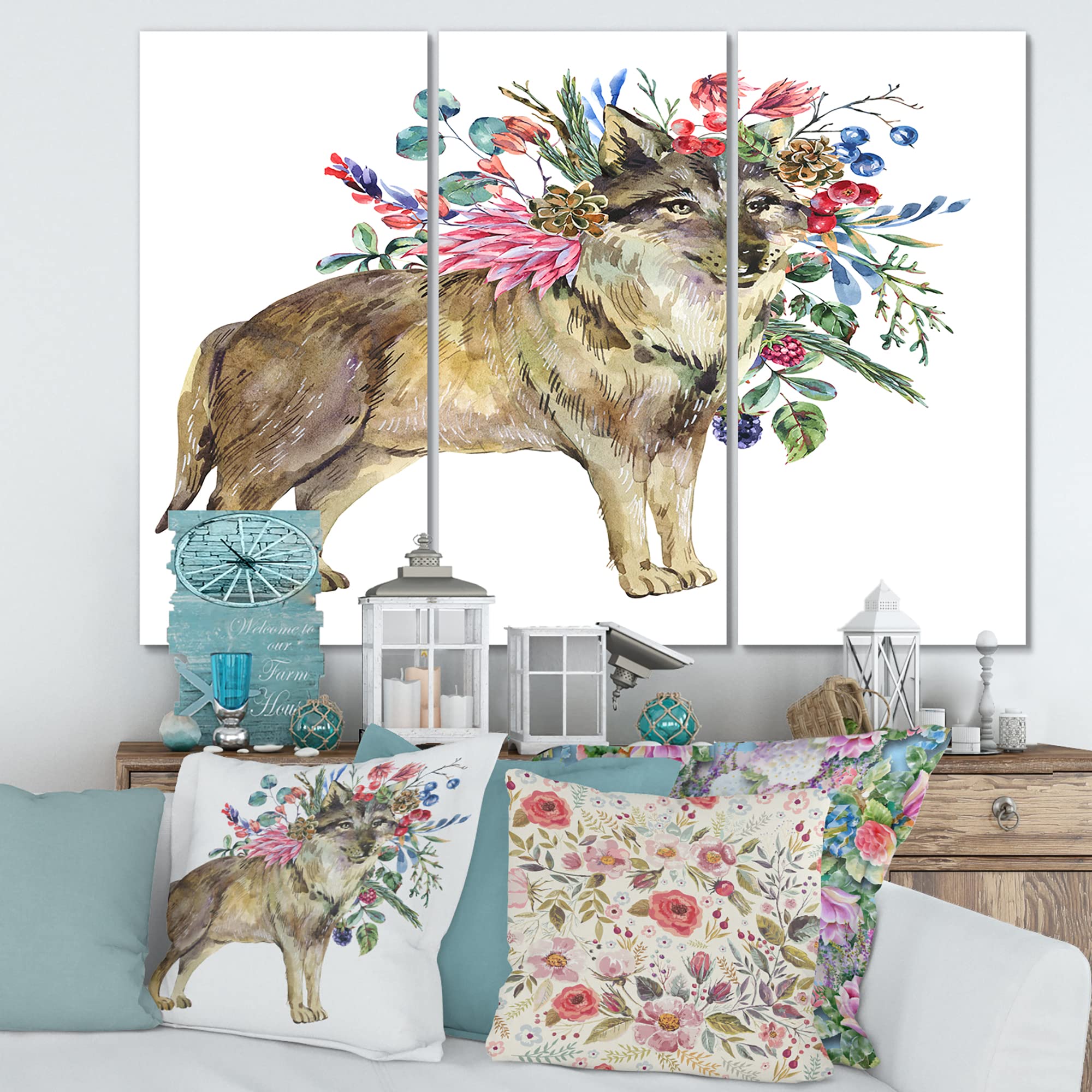 DesignQ Wolf with Woodland Flowers Farmhouse Canvas Wall Art - Rustic Home Decor for Living Room, Bedroom & Office - Nature Inspired Animal Painting for Cabin, Nursery & Country House