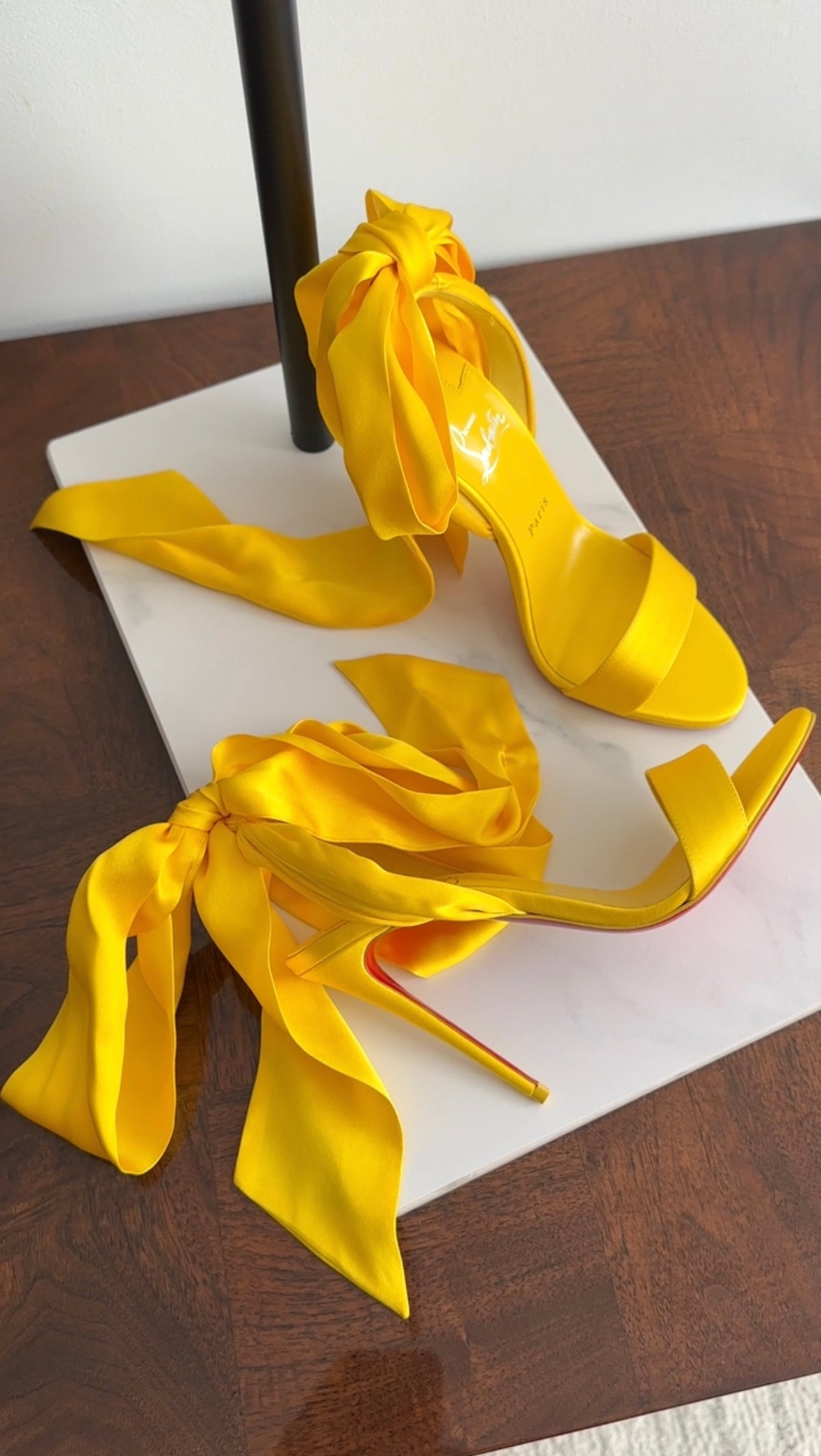 Christian Louboutin Desert Sandal 100mm Yellow Silk Wrapped Heels Size 37.5 - Perfect for Summer Weddings & Beach Vacations