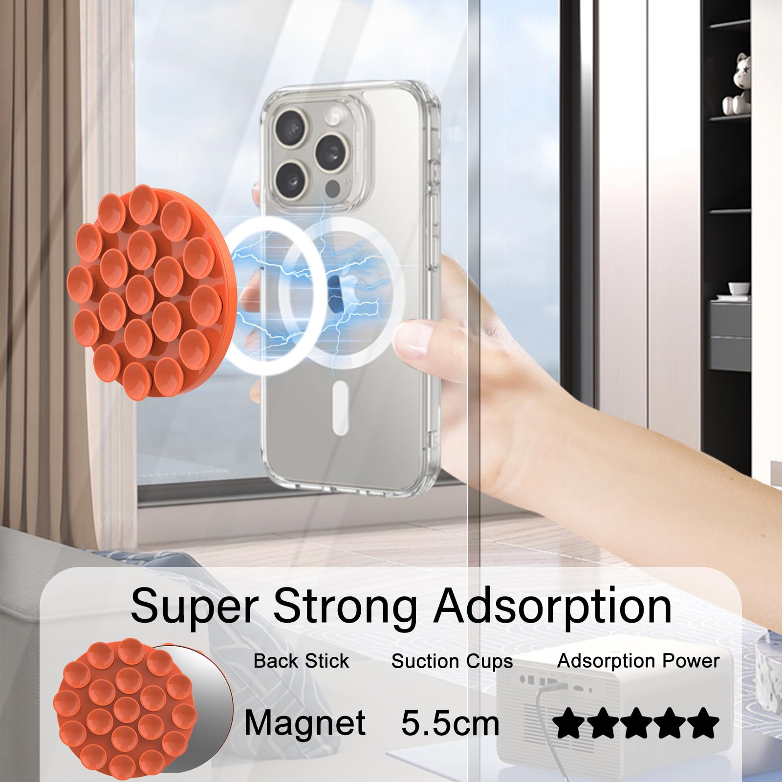 Omee Magnetic Suction Cup Phone Mount - Anti-Slip Hands-Free Silicone Car Phone Holder for iPhone MagSafe Cases, Shower Mirror Mount for Selfies & TikTok Videos (Orange) - Perfect for Driving, Bathroom Selfies & Content Creation