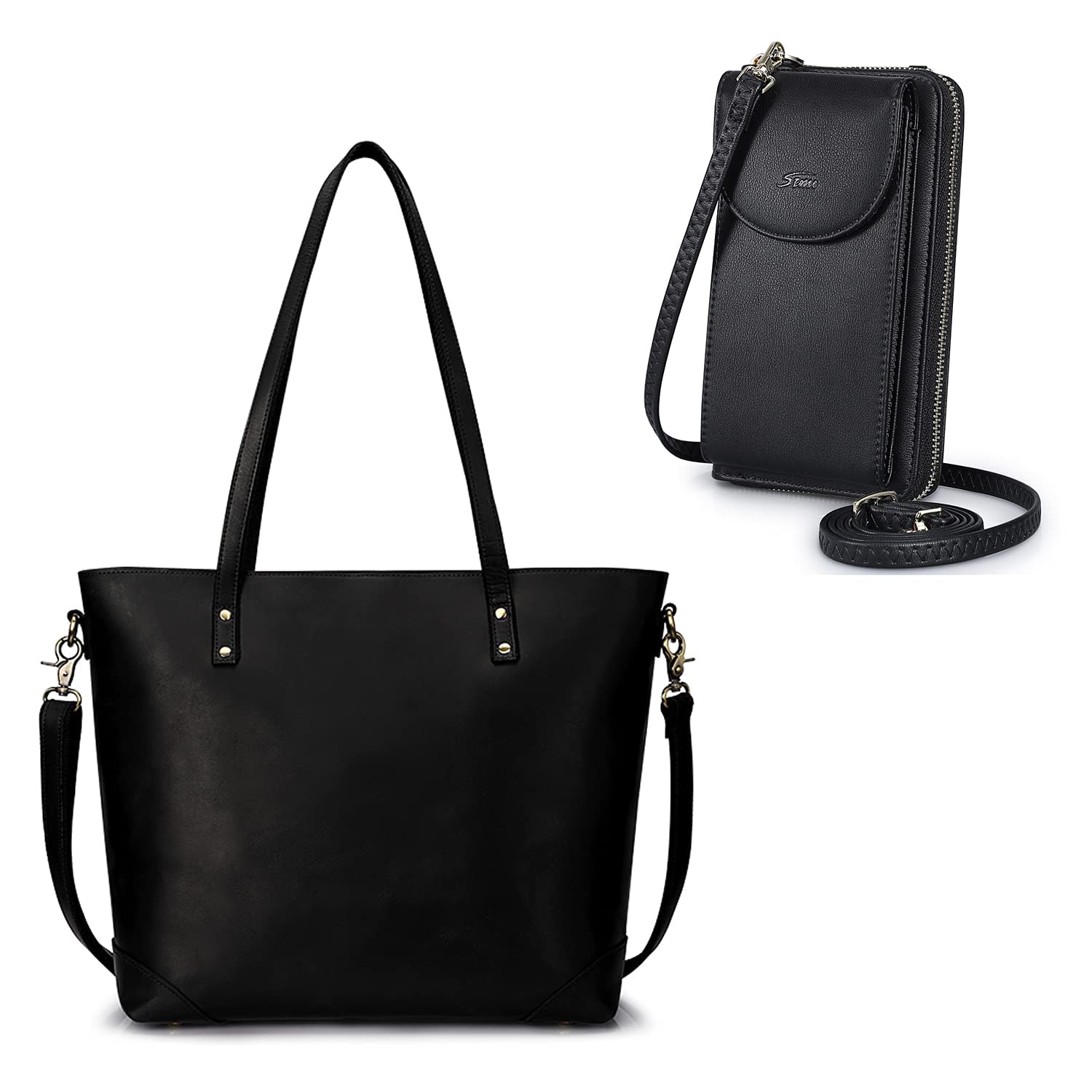 S-ZONE Women's Genuine Leather Tote Bag Set with RFID Blocking Faux Leather Crossbody Phone Purse - Stylish Work Bag & Travel Companion for Office, Shopping & Daily Use