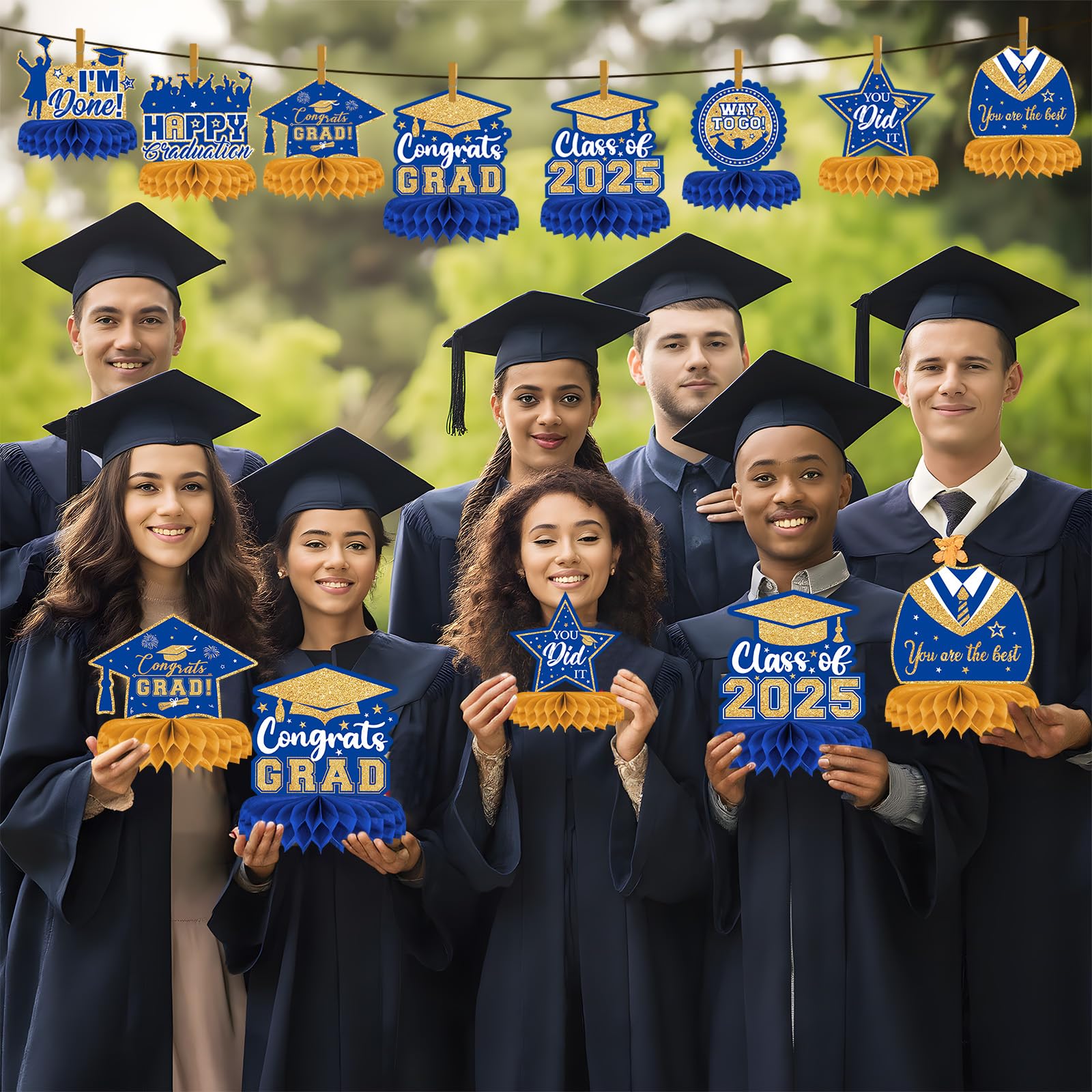 8-Piece Class of 2025 Graduation Decor Set - Blue & Gold Honeycomb Centerpieces, Table Toppers for 2025 Grad Party | Perfect for Graduation Ceremony Decorations, Senior Night, and College Celebration Decor