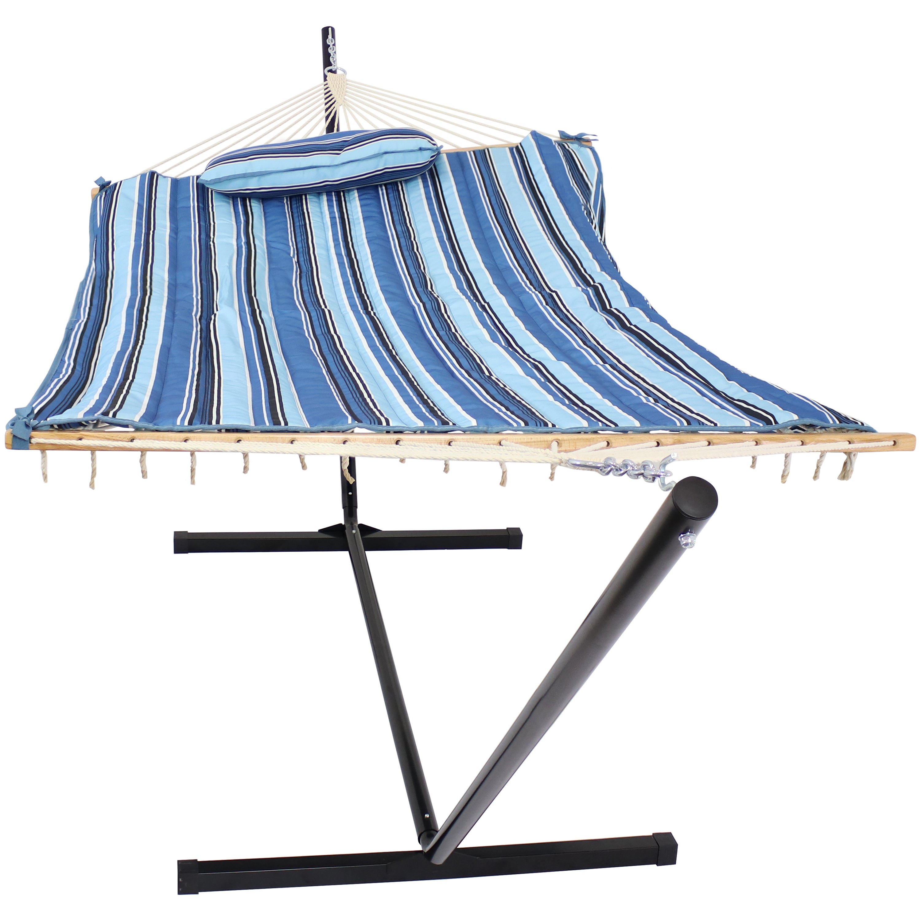Premium Sunnydaze Rope Hammock with 12-Foot Steel Stand, Comfortable Pad & Pillow - Perfect for Backyard Relaxation, Beach Lounging & Outdoor Camping
