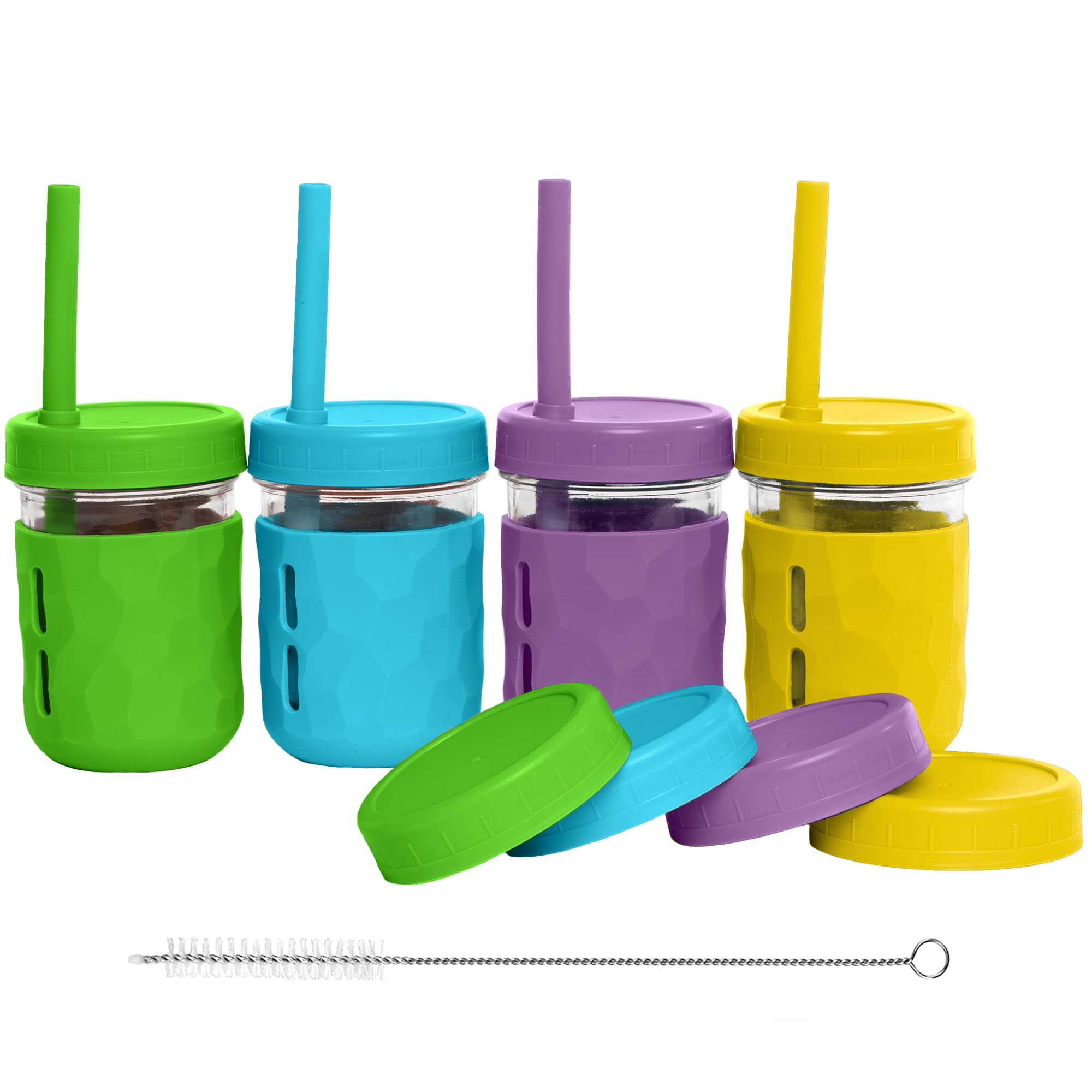 WeeSprout Glass Cups with Lids & Straws - Spill-Proof 12oz Toddler Cups for Kids | BPA-Free Baby Food Storage & Snack Containers | Includes XL Silicone Straws & Non-Slip Sleeves | 4-Pack Dishwasher Safe Cups for Smoothies, Milk, Juice & Snacks