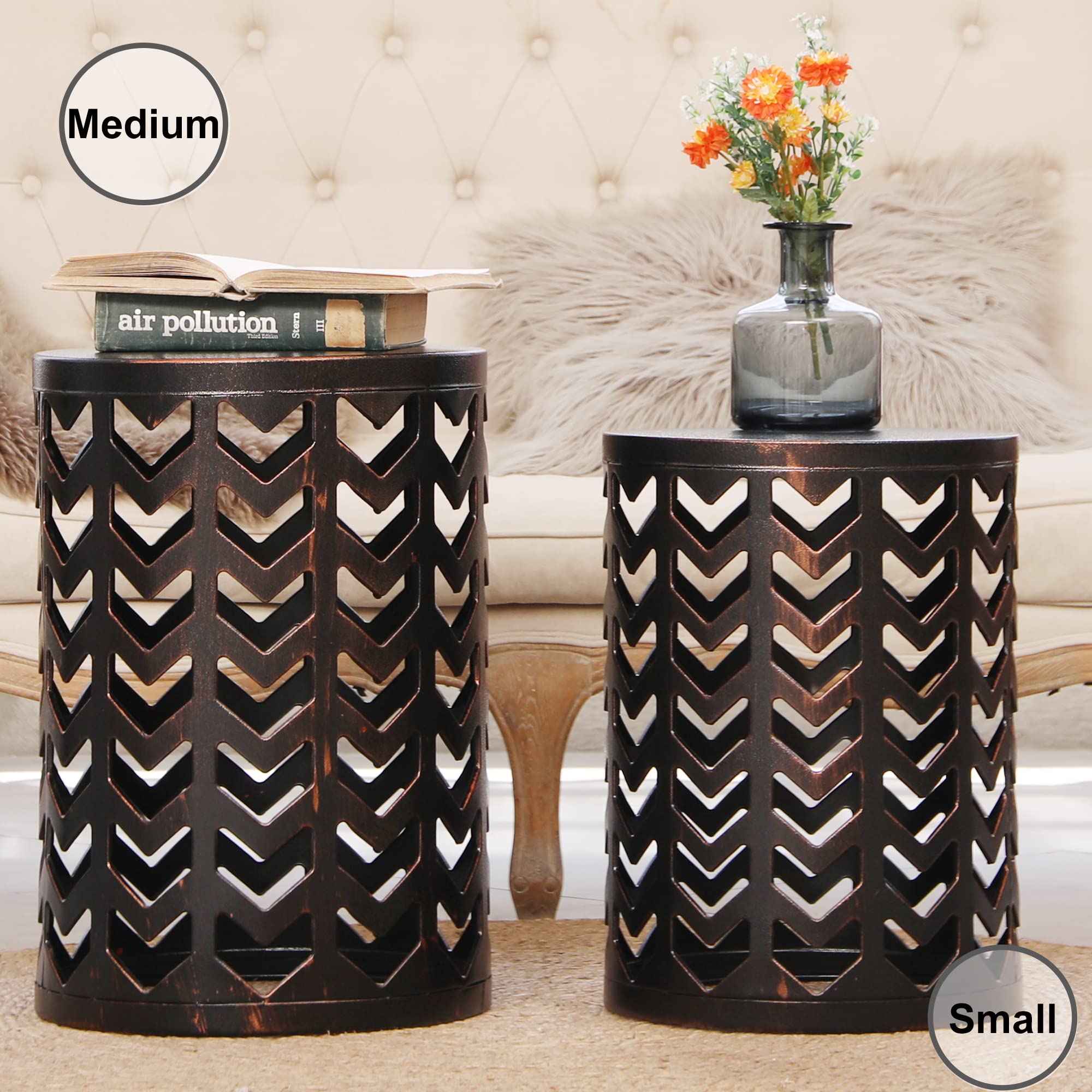 Y&M Set of 3 Heavy-Duty Round End Tables - Indoor Side Tables & Coffee Tables, Outdoor Garden Stools & Plant Stands - Retro Black with Bronze Finish (US Shipping) | Perfect for Living Room, Patio & Home Decor