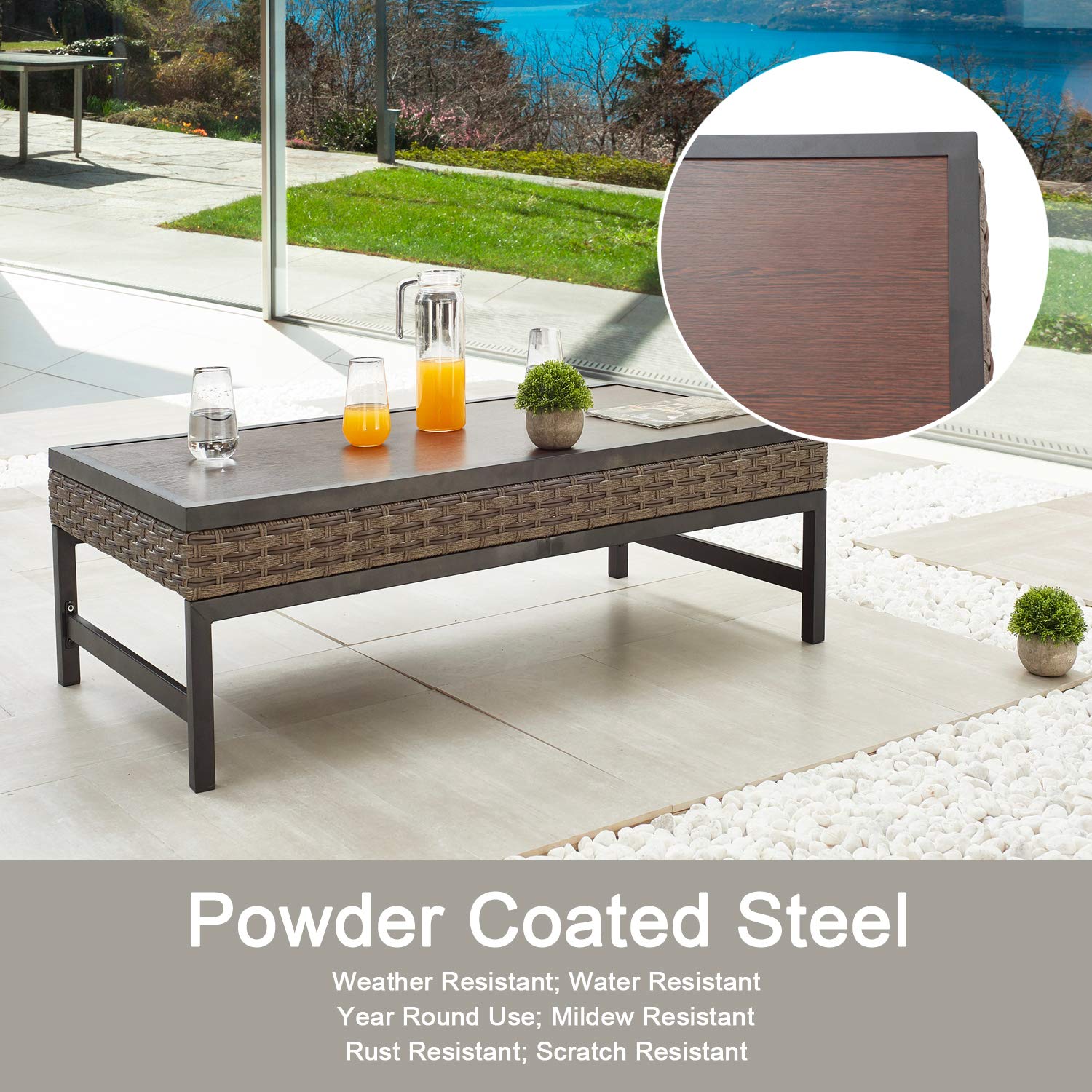 **PE Wicker Coffee Table - Outdoor Brown Metal Rattan End Table for Patio, Garden, Deck & Pool - Weather-Resistant Tea Table Furniture for Relaxing & Entertaining**