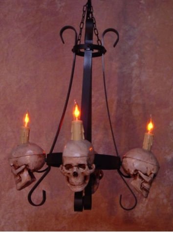 Gothic Skull Chandelier - 4 Medium Metal Skulls on Black Iron Frame for Halloween, Haunted House, and Gothic Home Decor