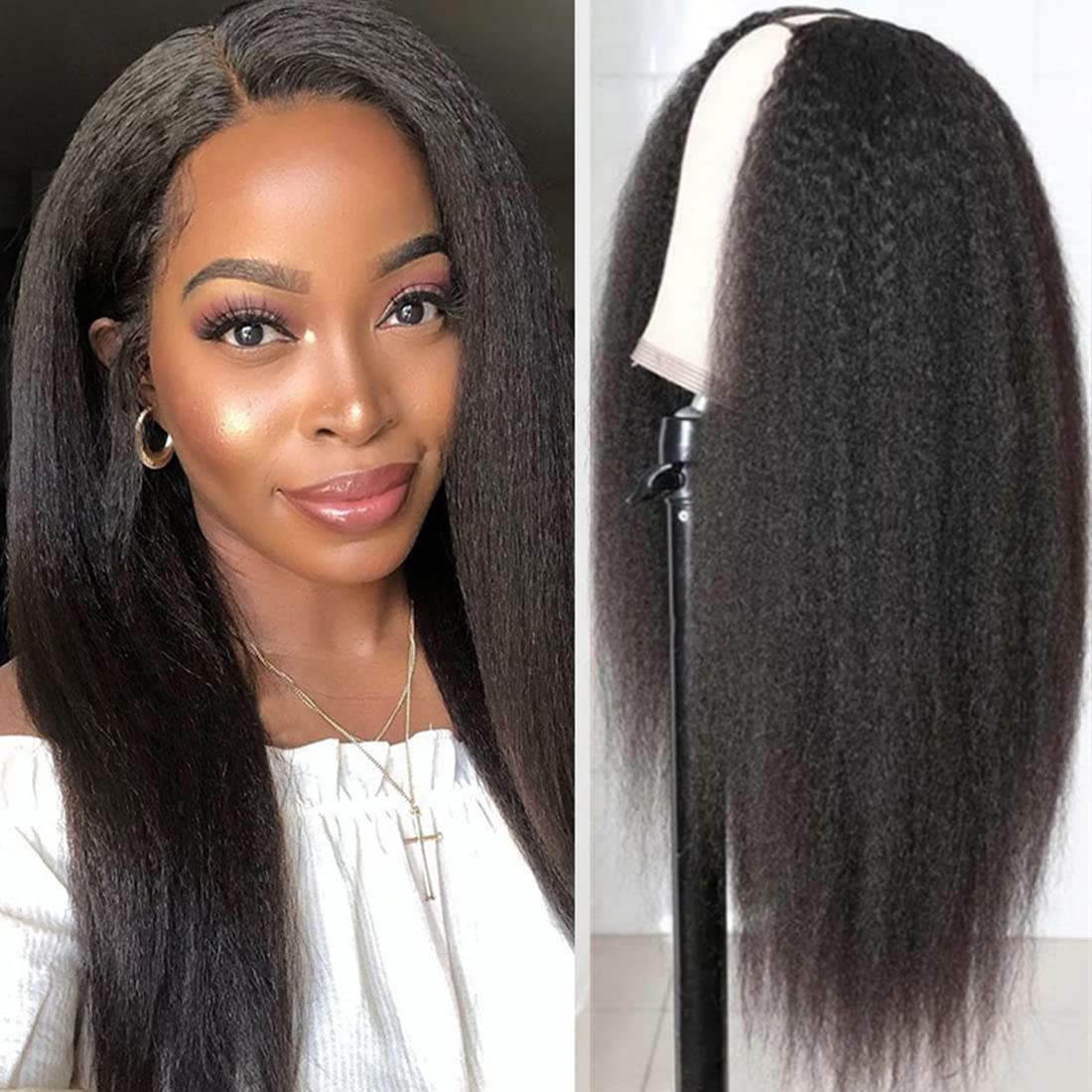 Beauty Forever 10A Grade Human Hair V Part Wig - Kinky Straight Glueless U Part Wigs for Women | 150% Density, No Leave Out, Beginner Friendly with Clips | Natural Color 18 Inch | Perfect for Daily Wear, Special Occasions & Protective Styling