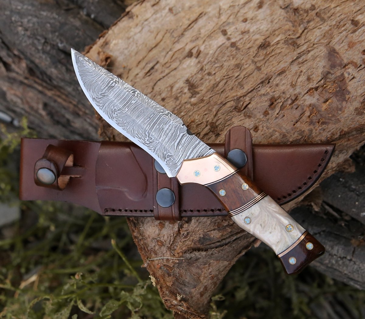 Premium Damascus Steel Hunting Knife with Mother of Pearl Inlay, Exotic Rosewood & Copper Handle - Perfect for Outdoor Adventures, Camping, and Survival Gear
