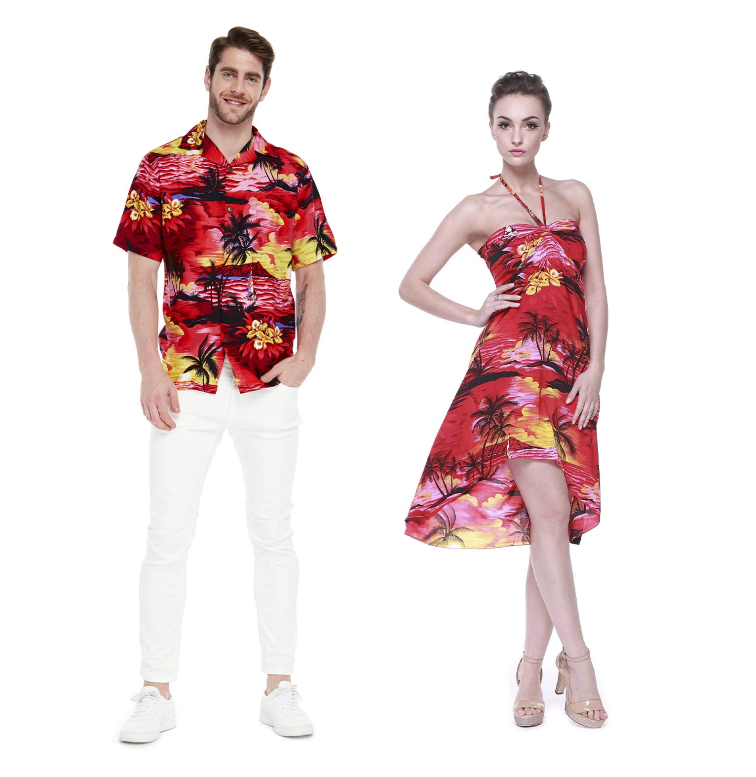 **Couple Matching Hawaiian Luau Shirts & Maxi Sweetheart Dress - Neon Sunset Print for Beach Vacation, Summer Party, and Tropical Date Night**