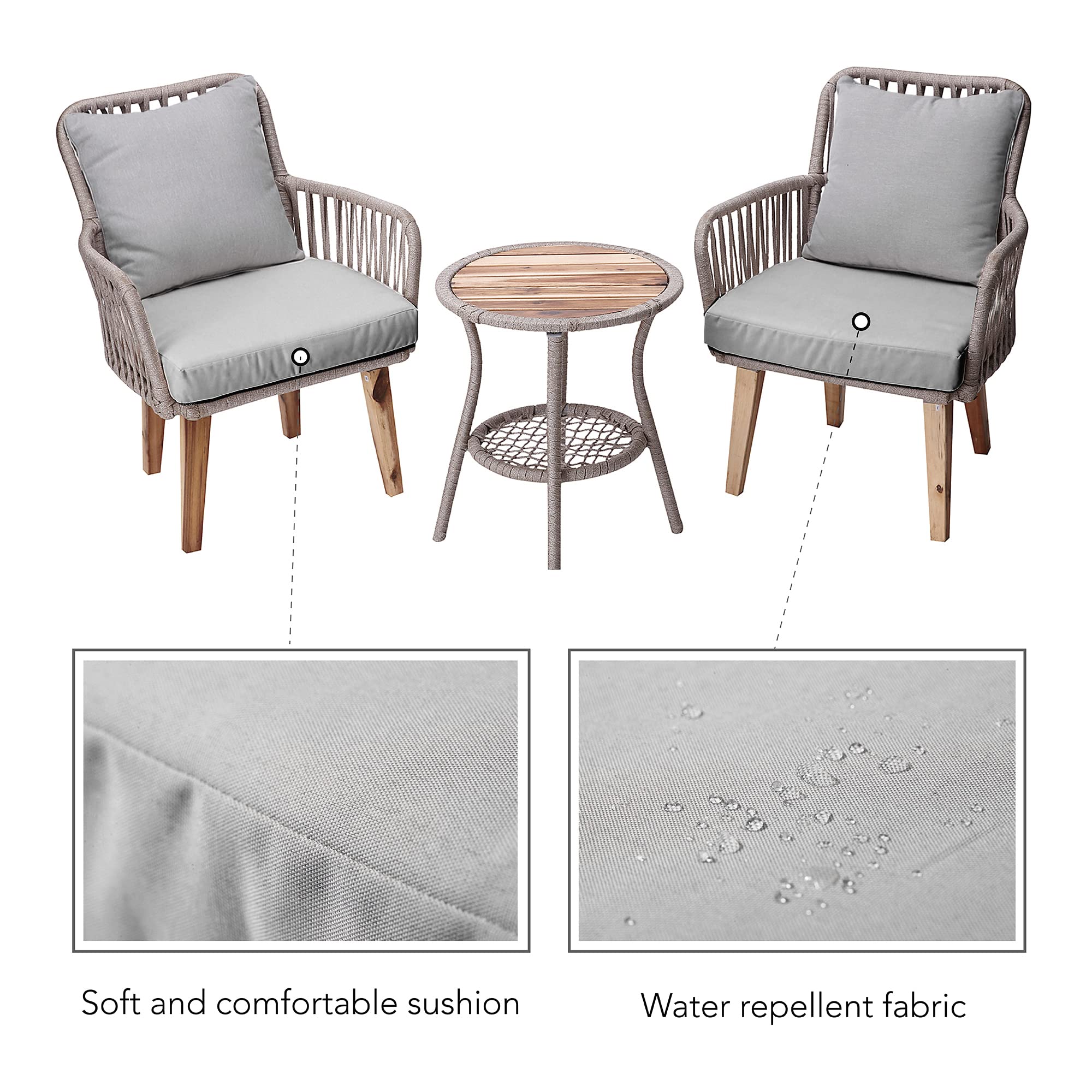 Teamson Home 3-Piece Wicker Bistro Set with Wooden Side Table & 2 Aluminum Frame Chairs - Weather-Resistant Cushions for Outdoor Patio, Garden, Backyard & Deck - Perfect for Relaxing, Dining & Entertaining Guests (Tan)