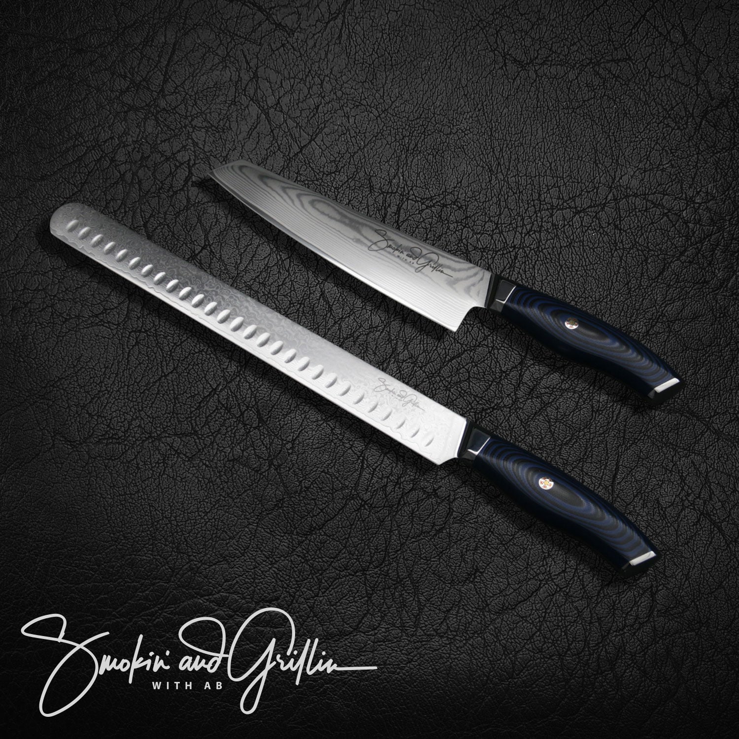 Premium AB Signature Japanese Damascus Steel Knife Set - 2-Piece Chef & Utility Knives for Professional Cooking, BBQ Grilling & Meat Slicing | High Carbon Stainless Steel with Ergonomic Handle | Perfect for Home Chefs & Outdoor Cooking Enthusiasts