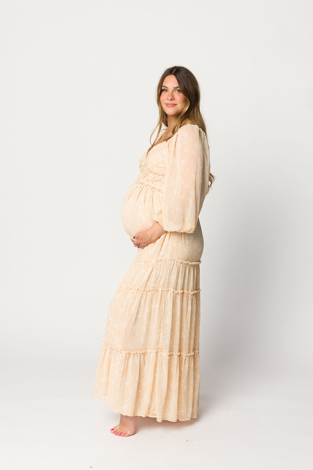 Daphne Long Sleeve Maxi Dress - Light Beige/White Floral Print | Bump Friendly Maternity & Inclusive Sizing (XS-3XL) | Perfect for Pregnancy, Weddings & Special Occasions