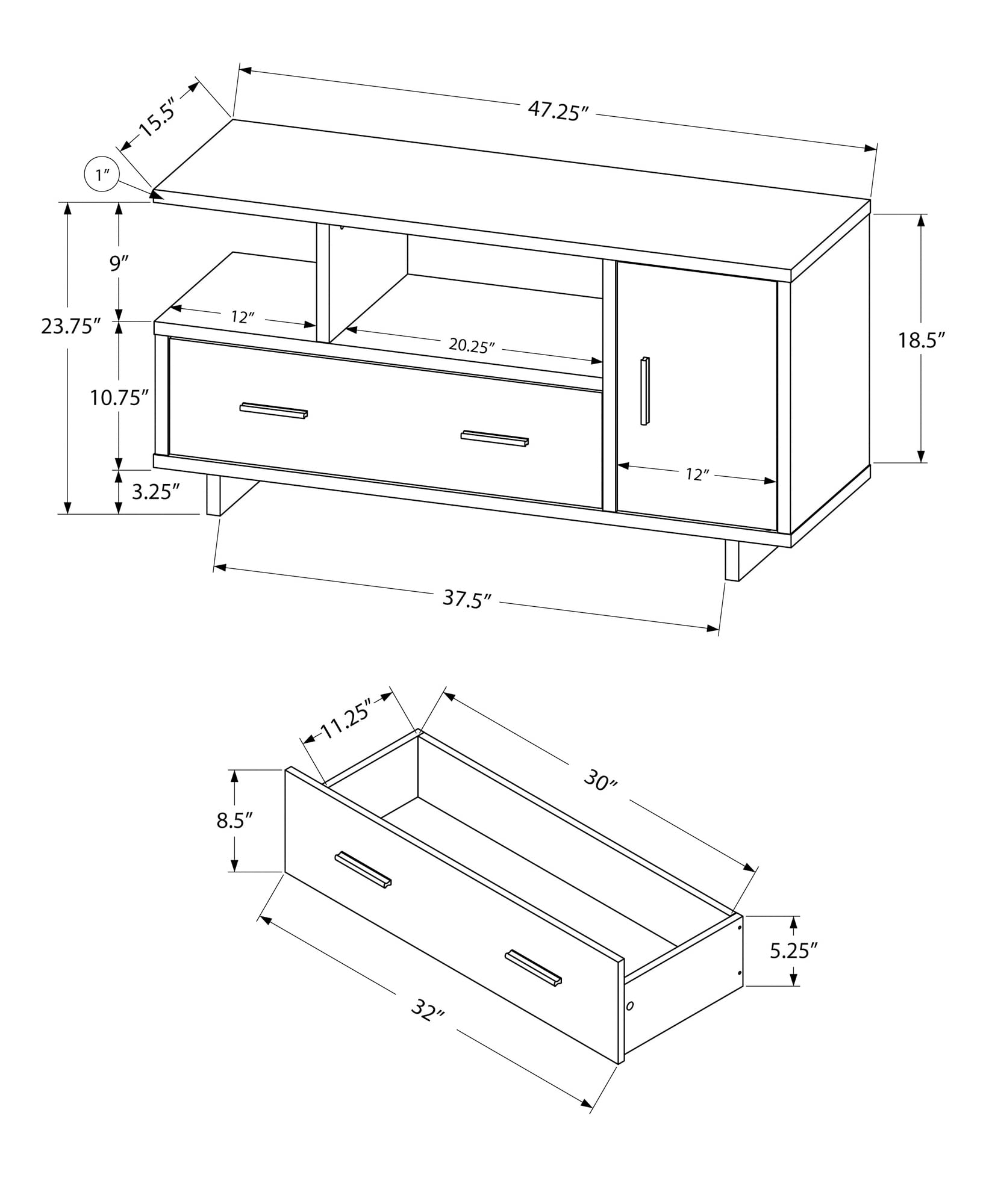 Monarch Specialties I STAND-48 L Grey TV Stand with Storage - Modern Entertainment Center for Living Room, Bedroom & Home Theater - Black