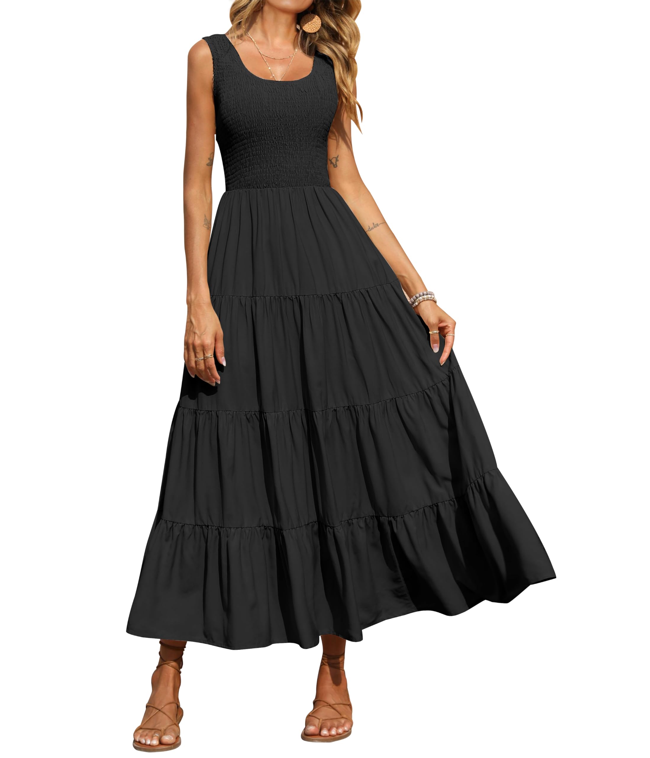 PRETTYGARDEN Women's Casual Loose Plain Maxi Sundress - Smocked Tank Dress Sleeveless Summer Beach Tiered Long Dress for Vacation, Pool Party & Outdoor Activities