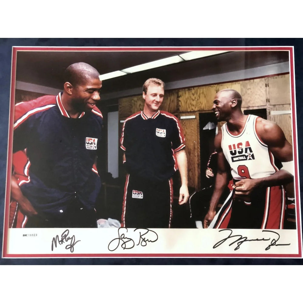 Authentic Michael Jordan Magic Johnson Larry Bird Triple Signed 1992 Dream Team USA Basketball Photo - Framed with UDA COA - Perfect for Sports Memorabilia Collectors and Man Cave Decor
