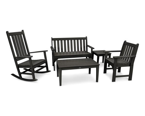 Premium Polywood Black Vineyard 5-Piece Outdoor Furniture Set - Bench & Rocking Chairs - Perfect for Patio, Garden, and Backyard Relaxation