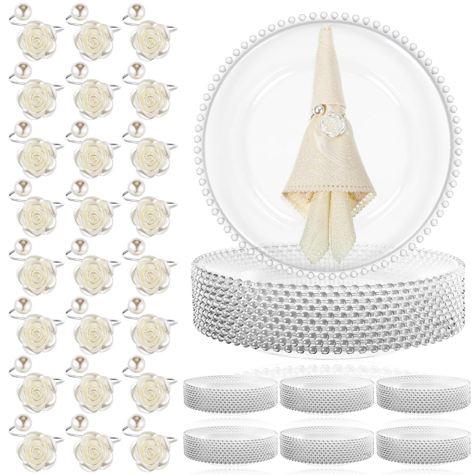 50-Pack Clear Plastic Charger Plates with Napkin Rings - 13 Inch Beaded Round Dinner Plates for Wedding, Party & Event Decorations (Silver) | Elegant Table Setting for Formal Dinners, Bridal Showers & Holiday Celebrations