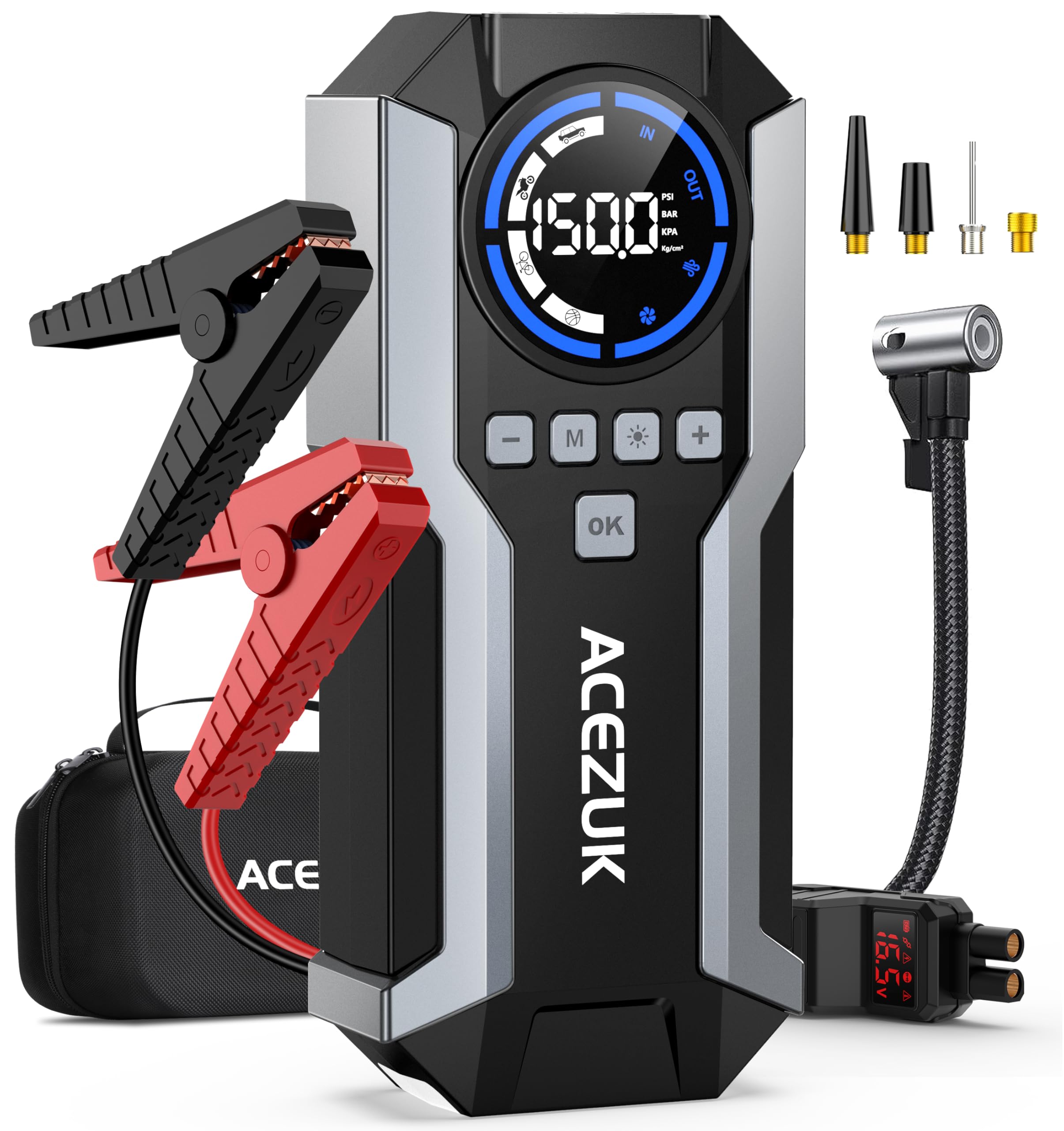 7000A 150PSI Portable Car Jump Starter with Air Compressor - 12V Battery Booster for All Gas & 10.0L Diesel Engines - Emergency Jump Starter with LCD Display & LED Lights - Perfect for Roadside Emergencies, Camping and Winter Car Maintenance