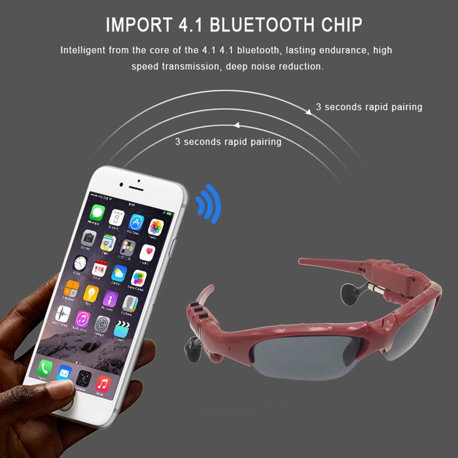 Wireless Bluetooth Sunglasses with Anti-UV & Built-in Headphones - HD Stereo Sound, Hands-Free Calling, Compatible with iPhone Android Smartphones (Red-Gray) - Perfect for Running, Cycling, Driving & Outdoor Activities