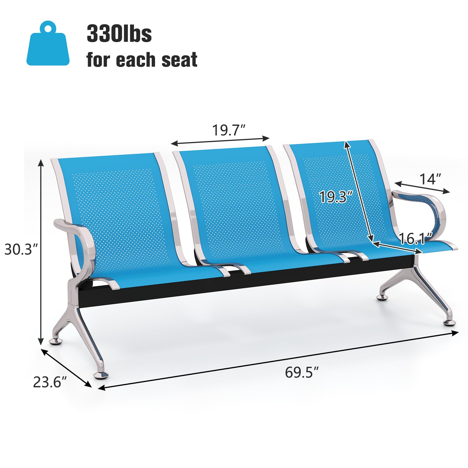 Peach Tree Reception Chair - 3-Seat Waiting Room Bench with Arms for Office, Hospital, Airport & Business - Durable Guest Salon Furniture in Blue | Perfect for Lobbies, Waiting Areas & Commercial Spaces