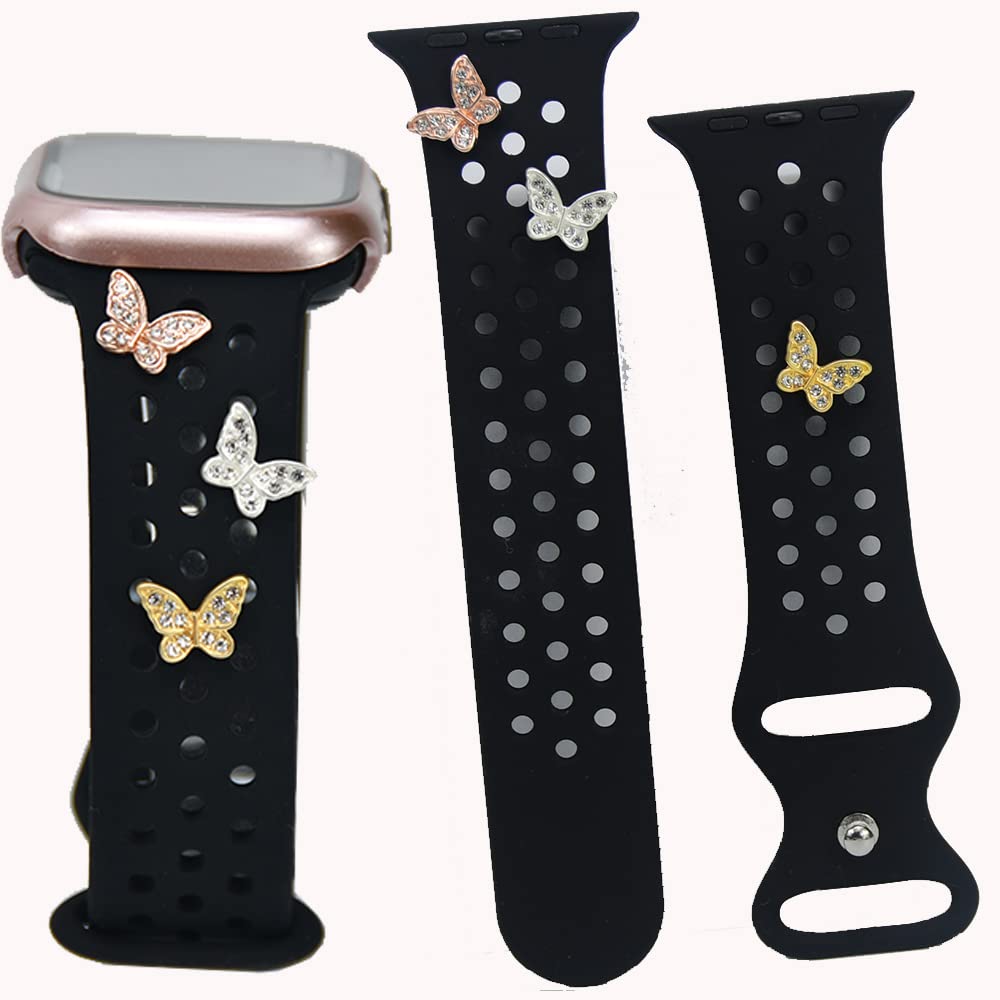 SUNOREEK Floral Engraved Silicone Watch Band with Charms - Compatible with Apple Watch 38mm 40mm 41mm 42mm 44mm 45mm 49mm (Series SE 8 7 6 5 4 3 2 1) - Women's Fashion Jewelry Accessory for Daily Wear & Special Occasions