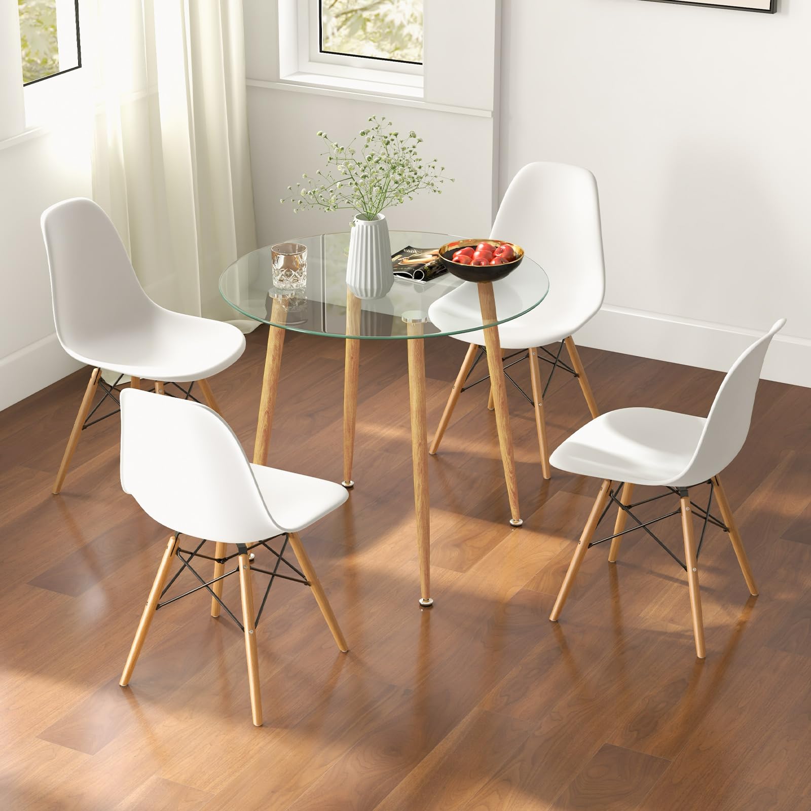 Tangkula 5-Piece Round Dining Table Set for 4 with Tempered Glass Top & Solid Wood Legs - Kitchen & Breakfast Nook Furniture Set for Small Spaces - Perfect for Apartments, Condos and Cozy Homes
