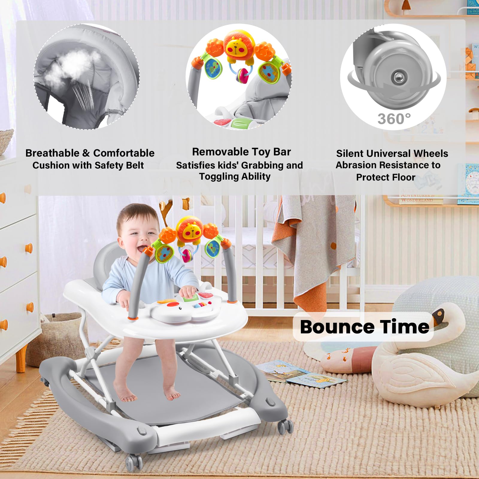 5-in-1 Baby Walker for Boys & Girls 6-18 Months - Adjustable Foldable Activity Walker with Bouncer, Removable Footrest, Feeding Tray & Music Toys - Perfect for Learning to Walk, Playtime & Mealtime at Home or Daycare