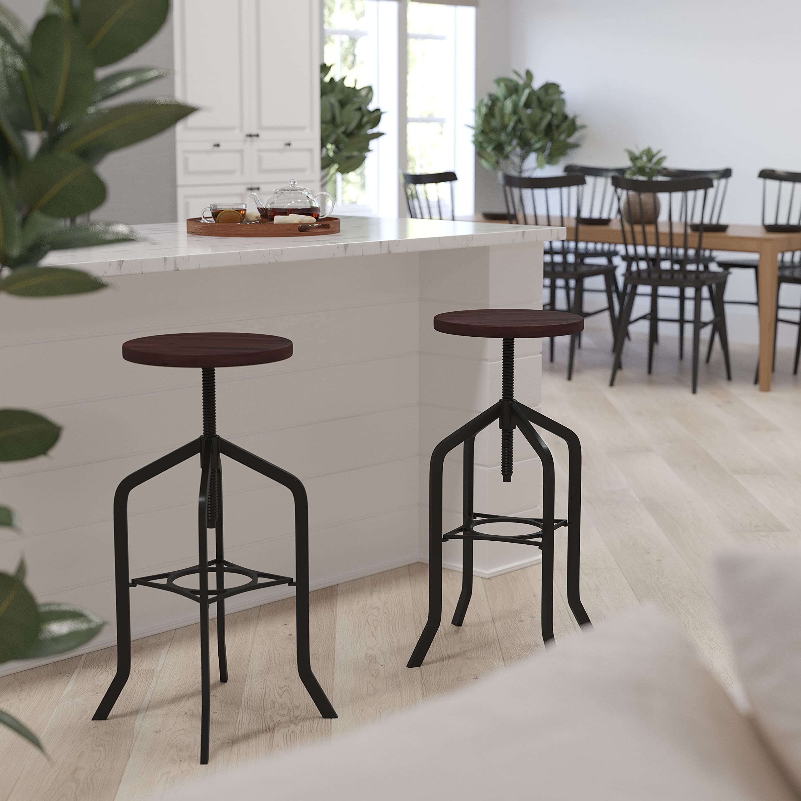 Merrick Lane Bergen Black Metal Bar Stool - Wood Grain Counter Stool - Backless Kitchen Stool for Dining, Breakfast Nook & Home Bar - Adjustable Height Modern Bar Chair