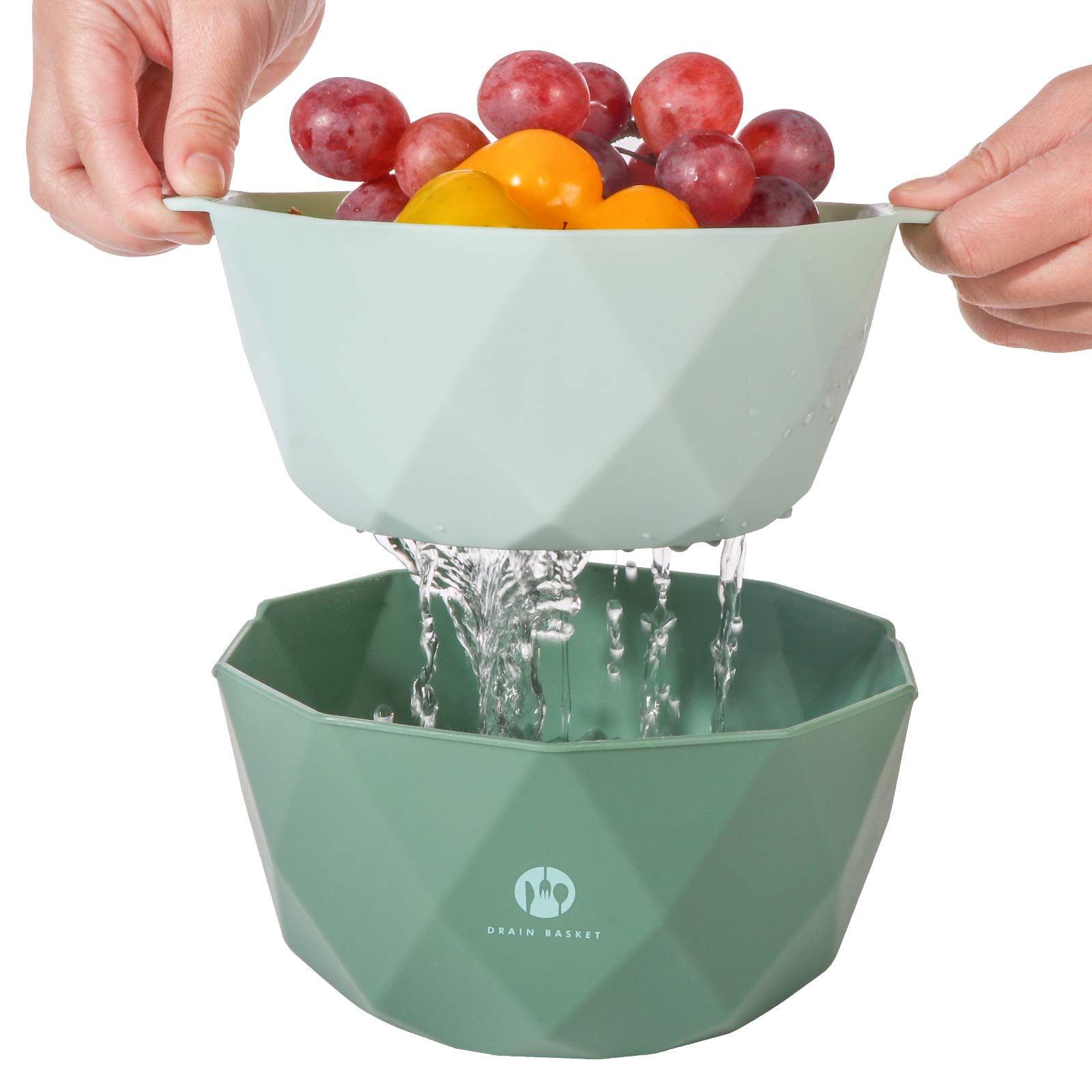 Stainless Steel Colander Bowl - Double Layer Pasta Strainer & Fruit Vegetable Drainer Basket with Geometric Design - Morandi Green Small Kitchen Strainer for Cooking, Washing Produce & Draining Pasta