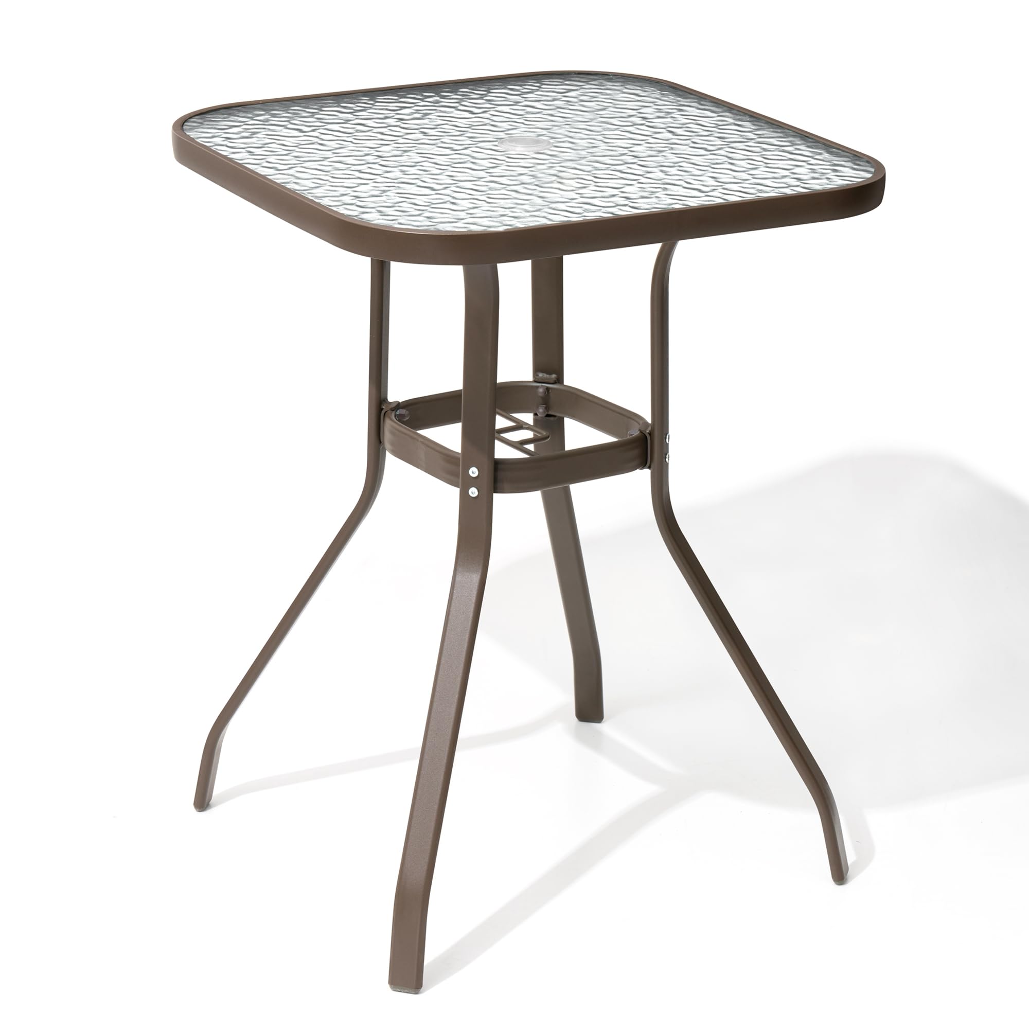 Crestlive Outdoor Bar Table with Umbrella Hole - Aluminum Frame & Tempered Glass Top Patio Dining Bistro Table - Durable Garden, Poolside, Deck, Lawn Furniture for Outdoor Entertaining (Brown)