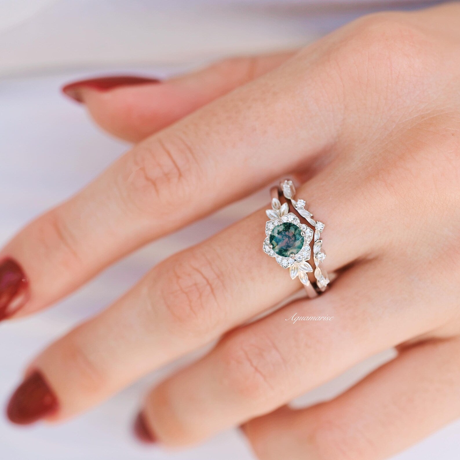 Moss Agate Fairy Leaf Ring Set - Sterling Silver Nature-Inspired Jewelry for Women | Boho Chic, Wedding, Gift, Everyday Wear