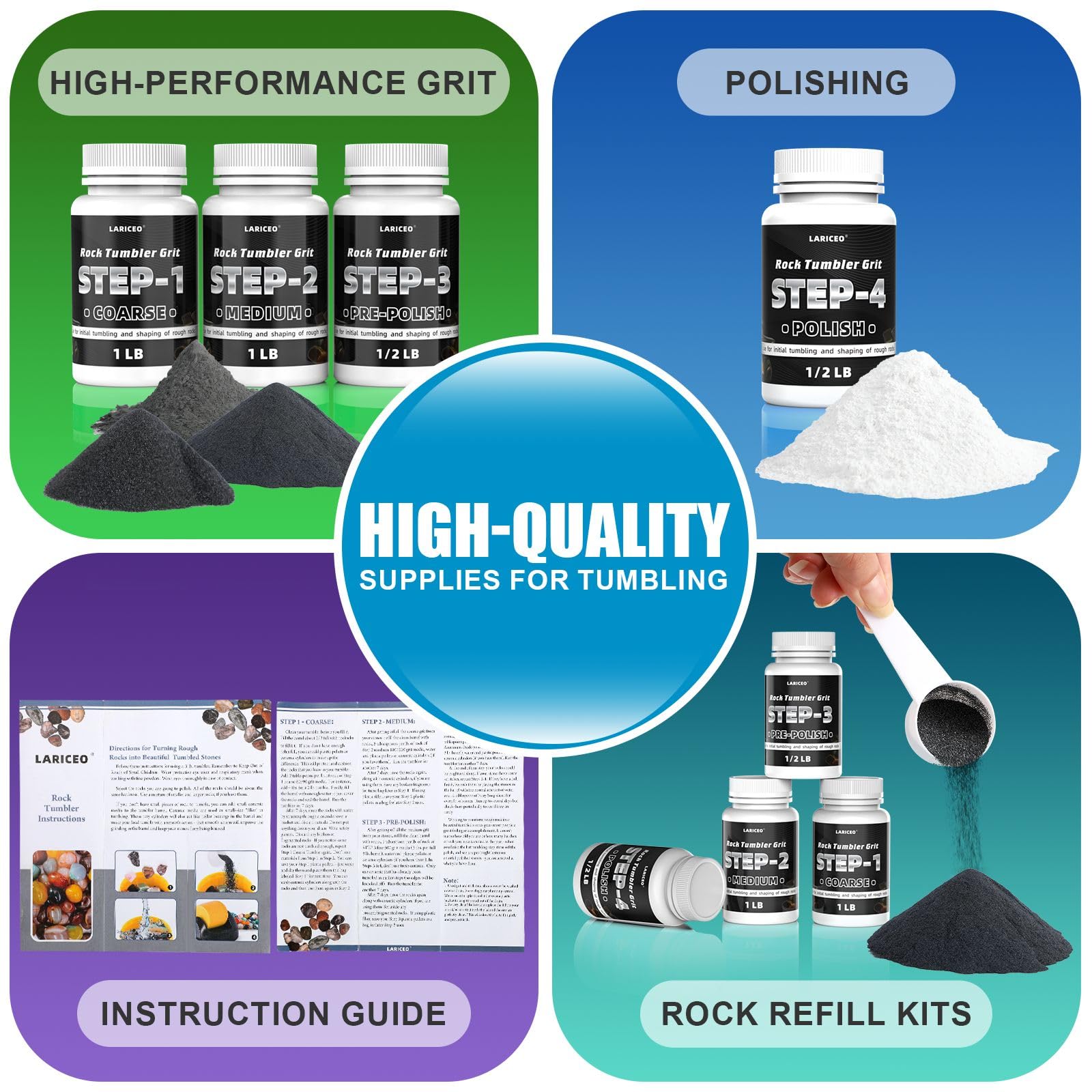 3LB Rock Tumbler Grit and Polish Refill Kit - 4 Step Professional Rock Polishing Grit Set for Shining Stones - Compatible with National Geographic, KomeStone & Most Rock Tumblers - Perfect for Jewelry Making, Geology Hobbies & DIY Craft Projects