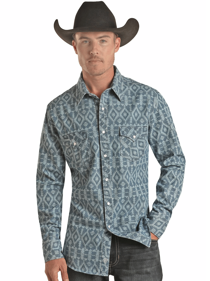 Rock & Roll Denim BMN2S02671 Men's Aztec Print Long Sleeve Western Shirt - Blue Casual Button Up for Country Music Festivals & Rodeo Events