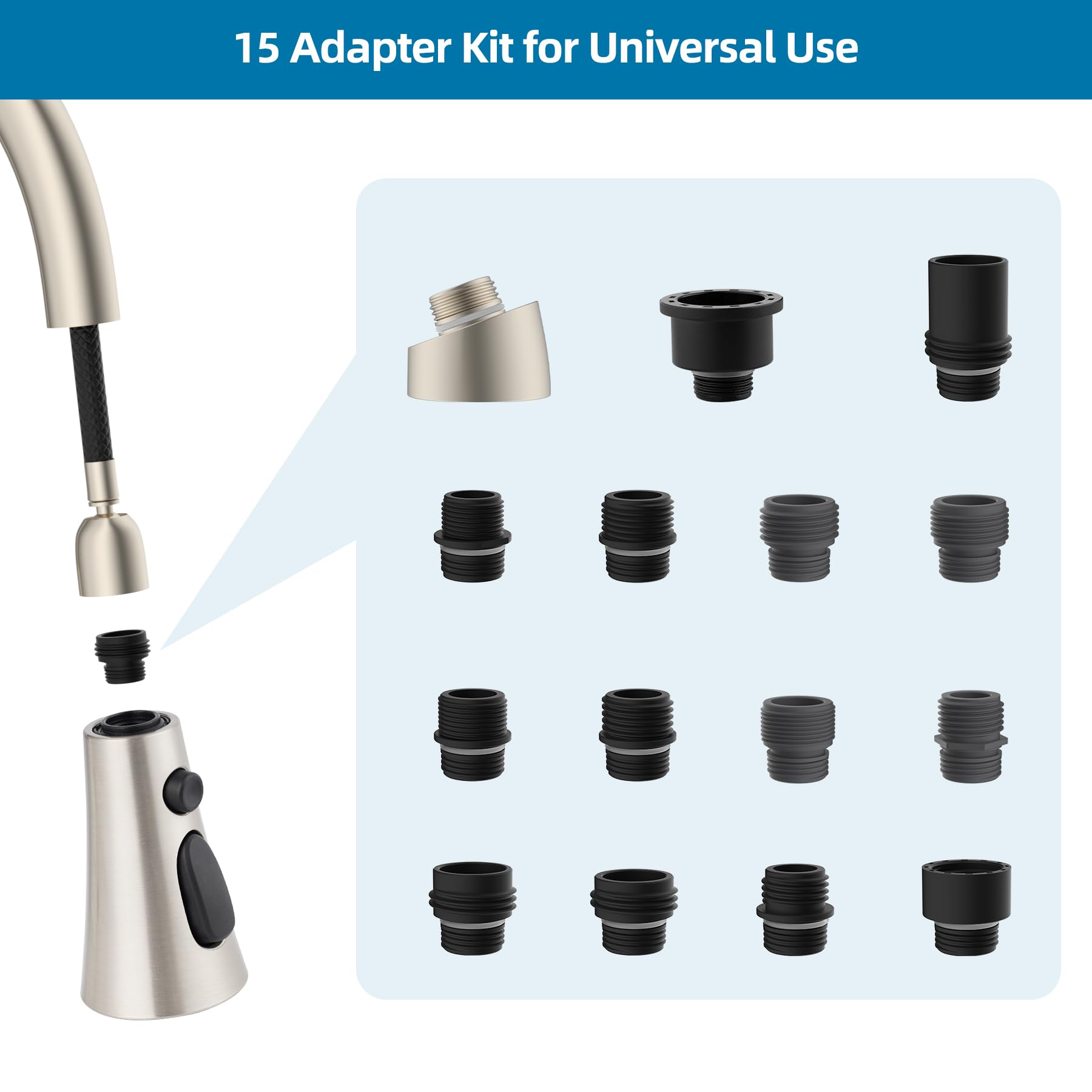 Universal Kitchen Faucet Head Replacement with 15 Adapters - Compatible with Moen, Pfister, Peerless & Kohler Curve Faucets - 3 Function Pull Down Sprayer Head in Brushed Nickel - Perfect for Kitchen Sink Upgrades and DIY Home Improvement Projects