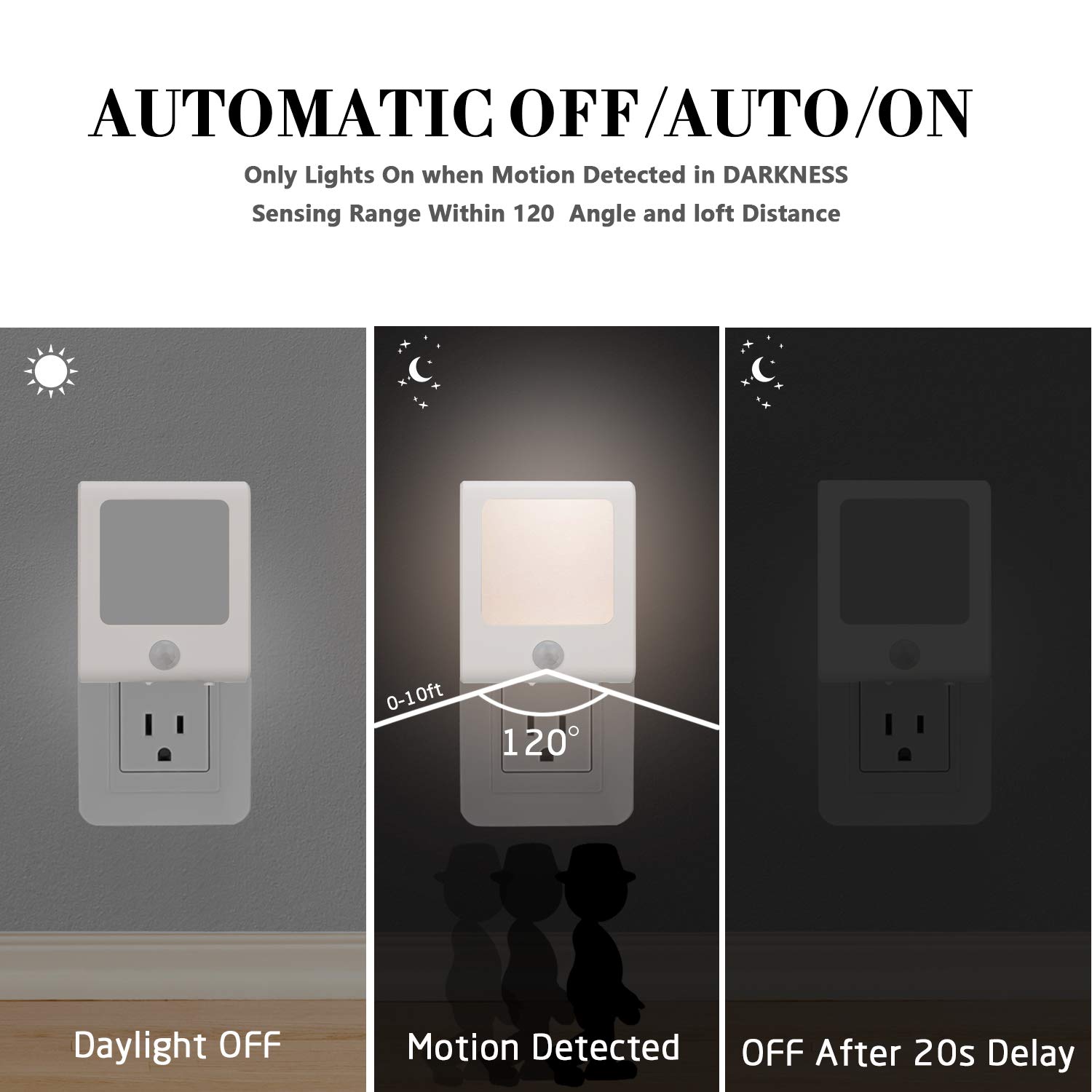 VINTAR 3 Pack Motion Sensor Dimmable LED Night Light Plug in - Auto Dusk to Dawn Sensor, Adjustable Brightness Warm White - Perfect for Hallway, Kids Room, Kitchen, Stairway, Bathroom & Nursery Night Safety Lighting
