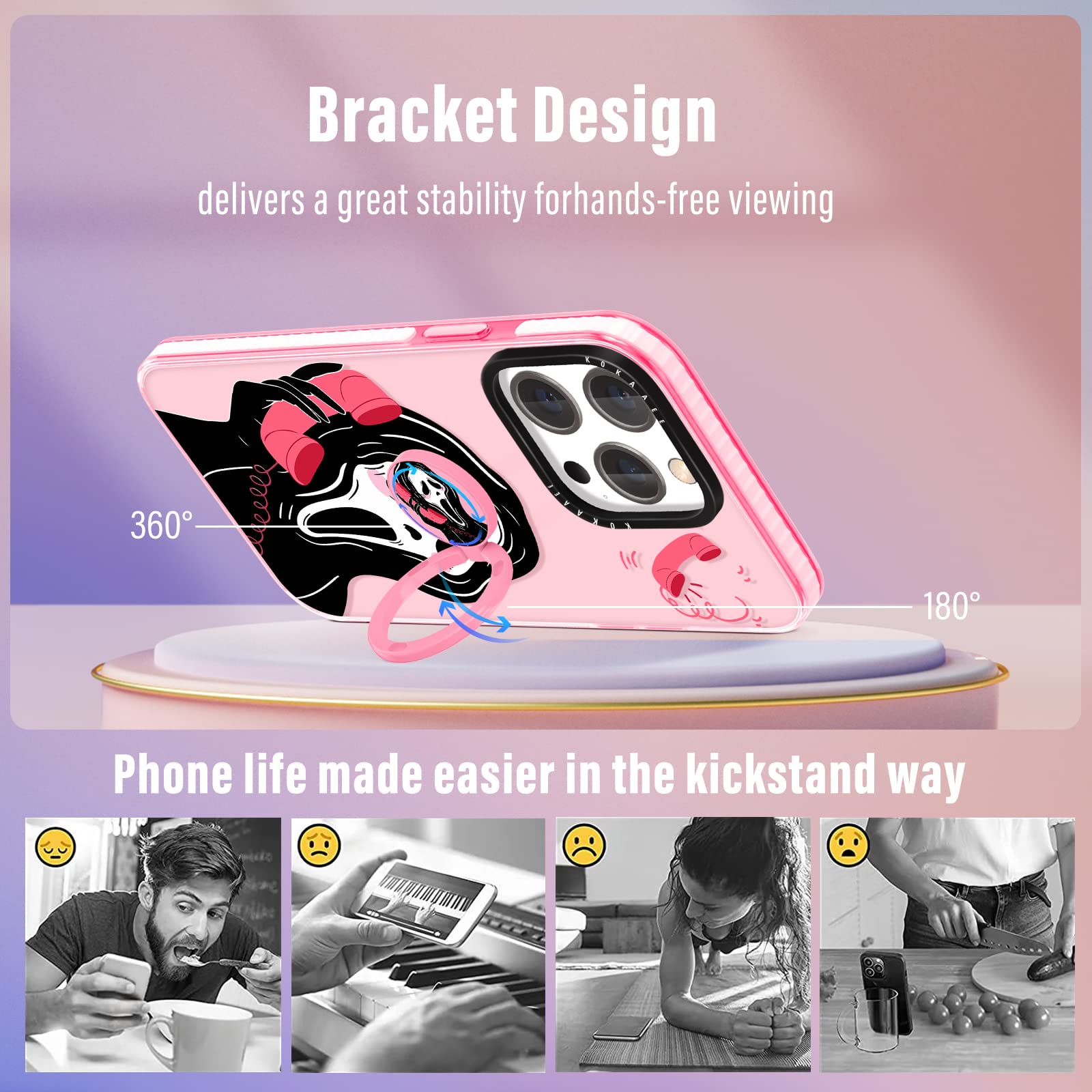 2 in 1 Cute Skull Skeleton iPhone 14 Pro Max Case for Women - Soft TPU Bumper Cover with Ring Holder - Gothic Girly Phone Case for 6.7